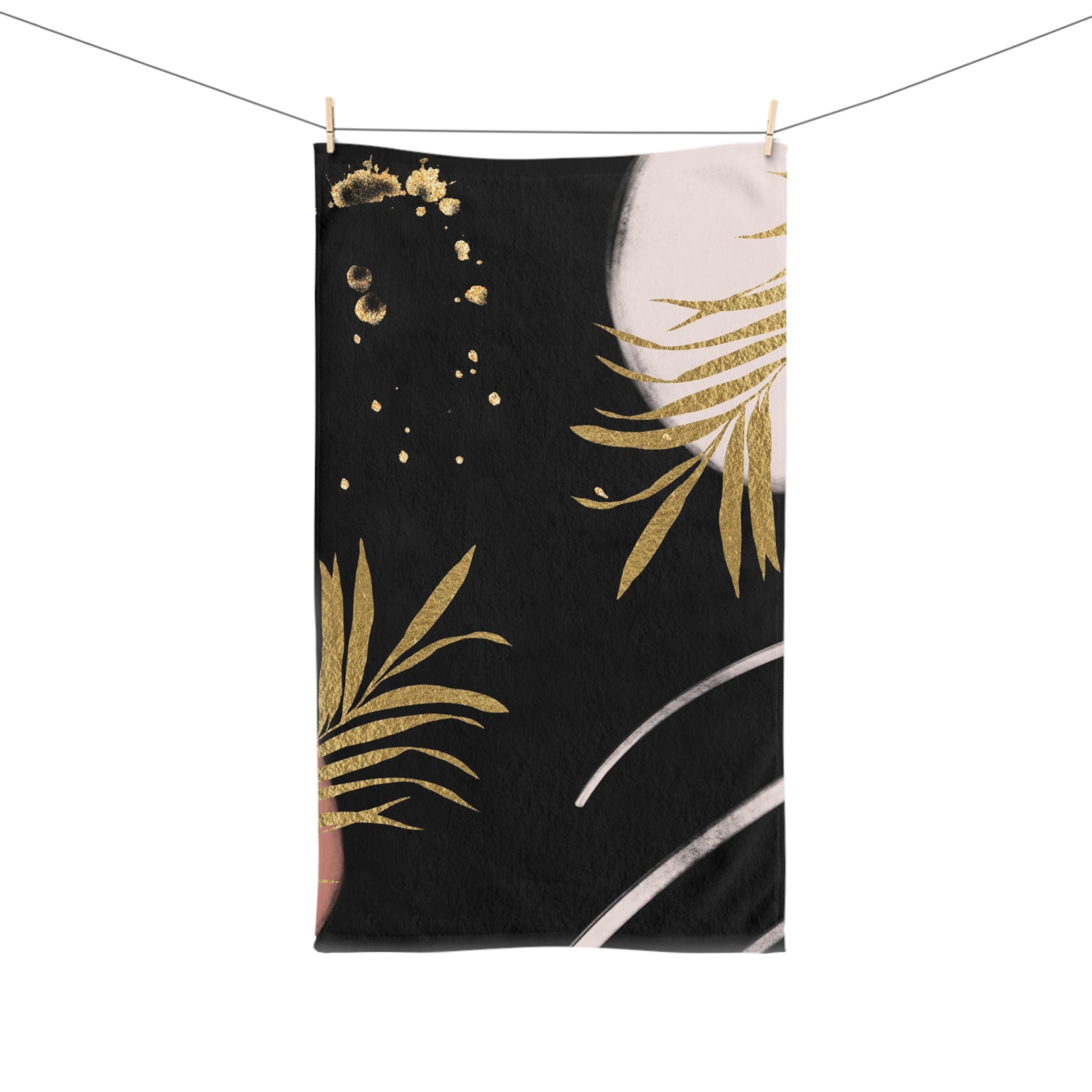 Abstract Kitchen, Bath Hand Towel | Black Gold Leaves