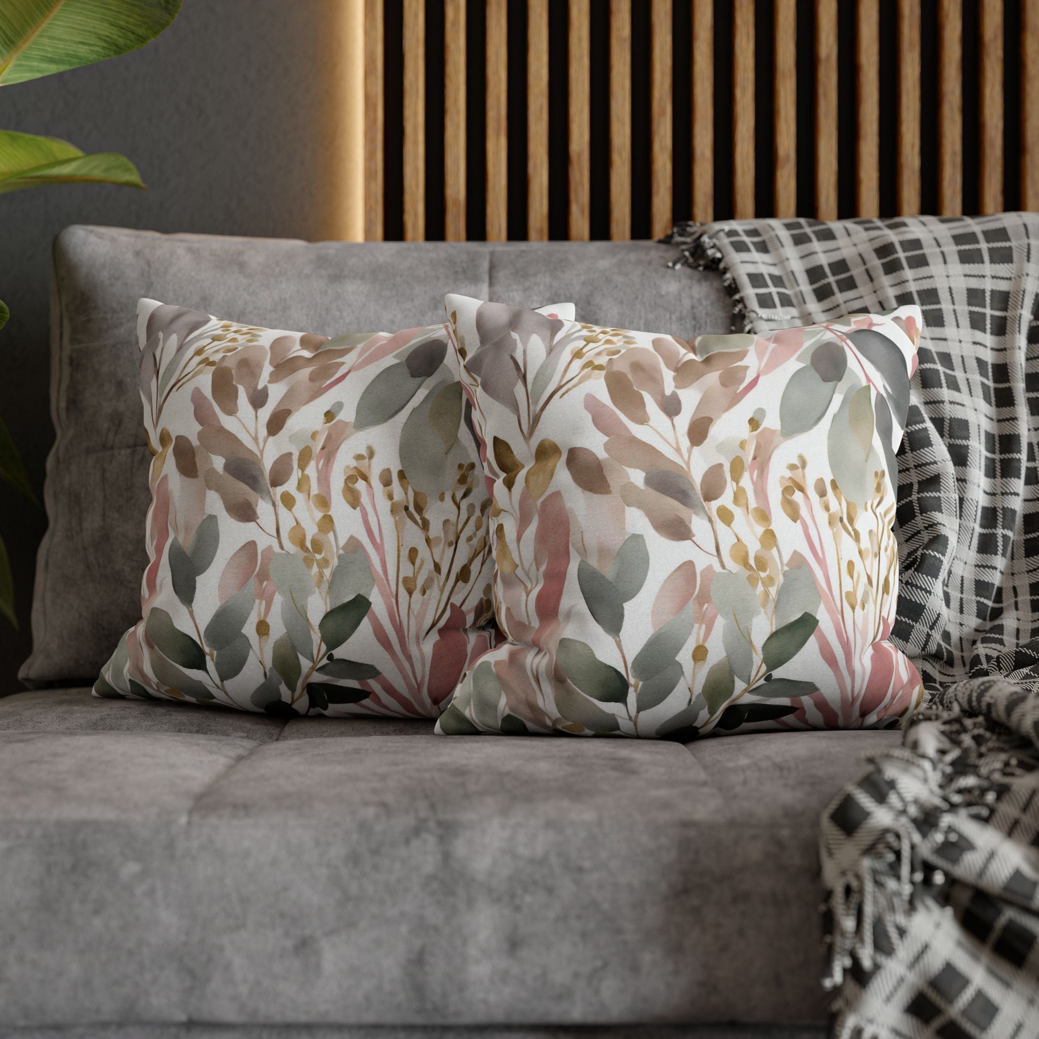 a gray couch with two decorative throw pillows featuring a floral pattern in shades of green, pink, and brown. The pillows are placed on the couch, creating a cozy and inviting atmosphere.