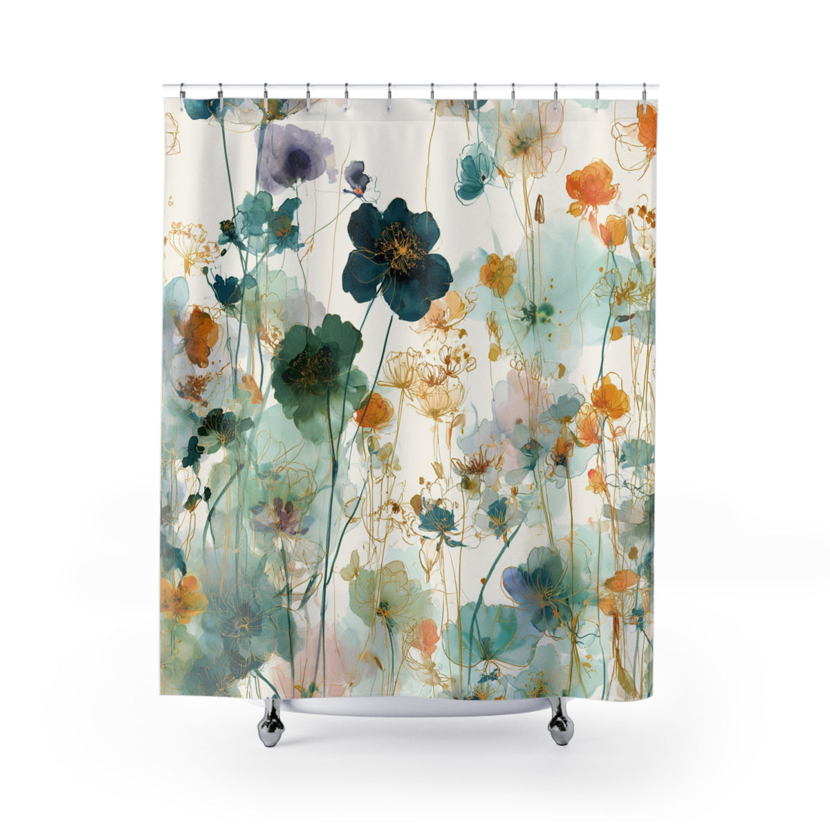a shower curtain with a vibrant floral pattern in shades of green, blue, orange, and yellow.