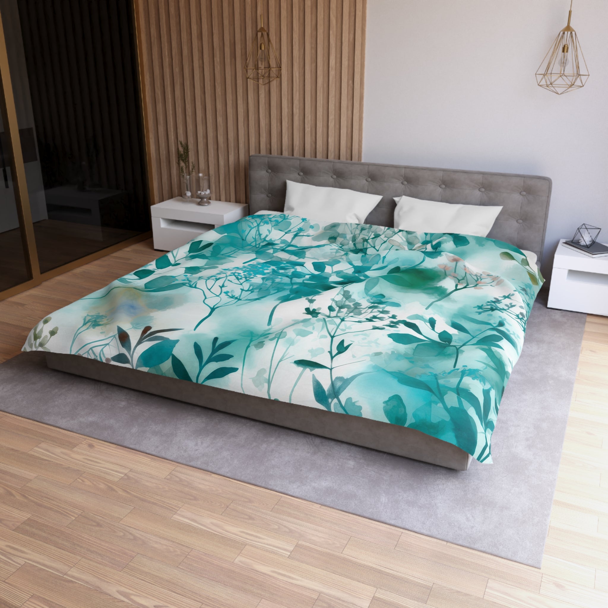 Floral Duvet, Pillow Cover | Teal White Wildflowers Bedroom Decor