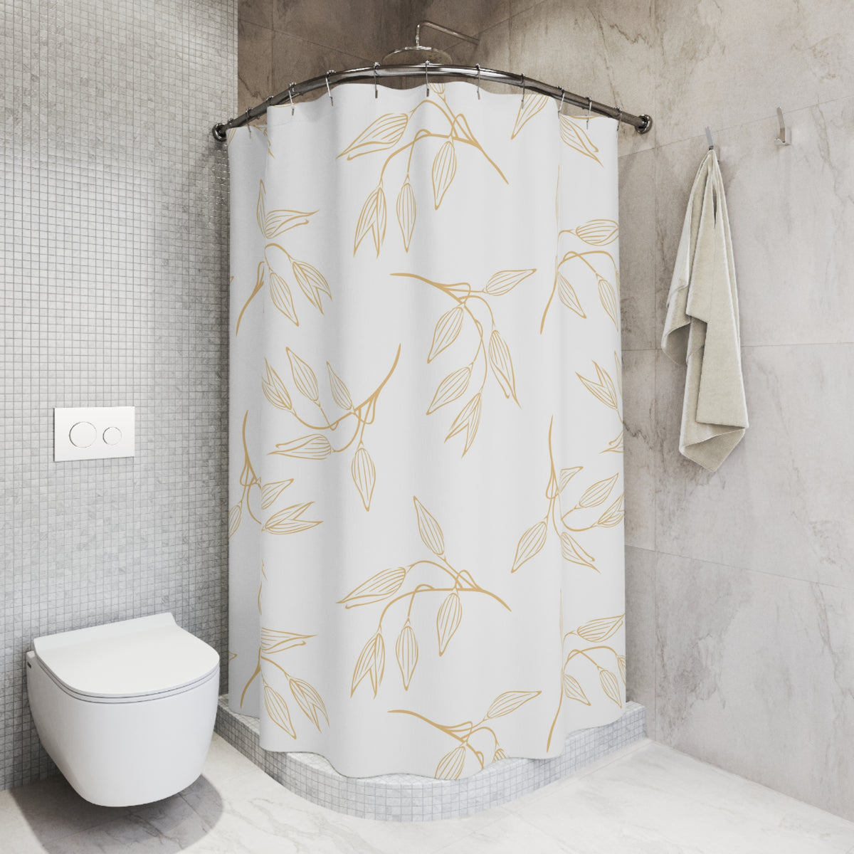 Beige White Minimalist Leaf Shower Curtain, Bath Curtain 71x74