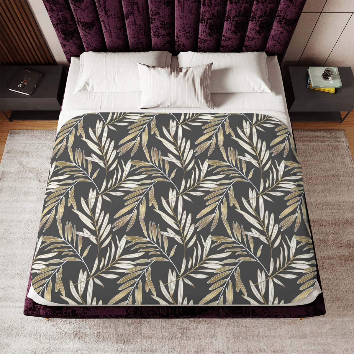 Charcoal Muted Gold Willow Leaf Sherpa Blanket | Elegant Throw