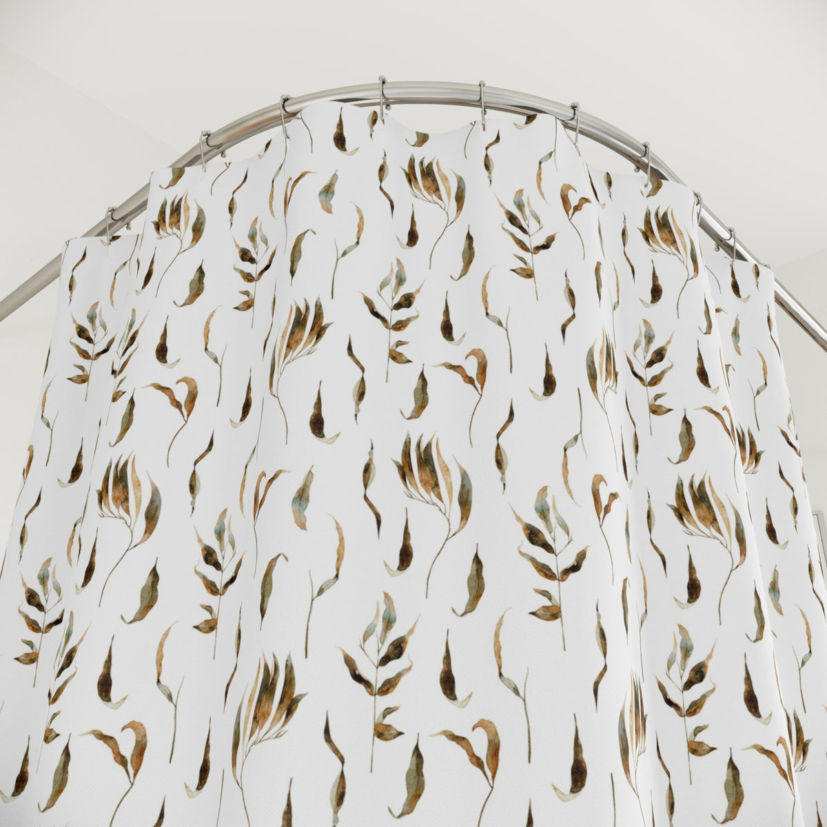 a white shower curtain with a repeating pattern of brown leaves and flowers.