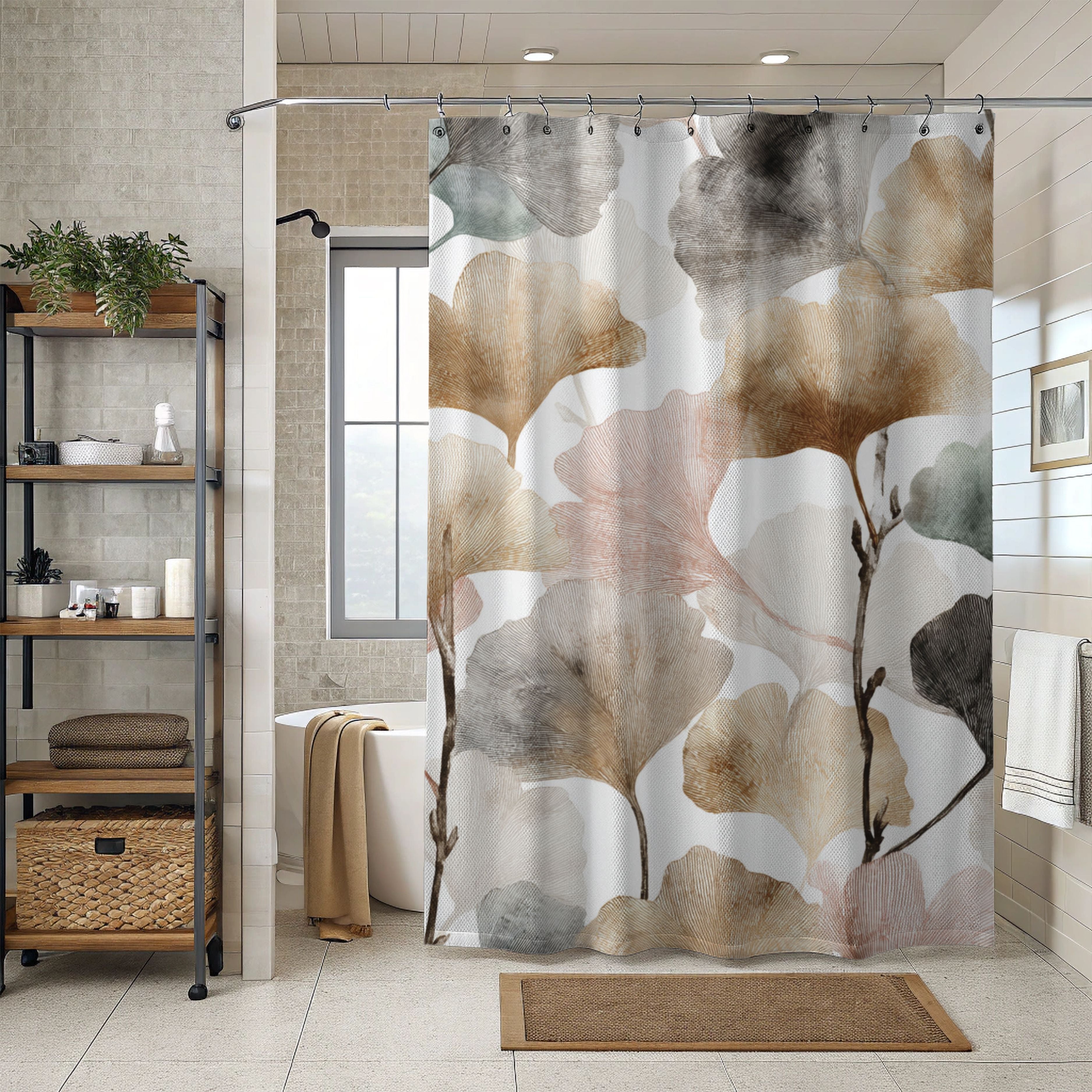 Gingko Boho Shower Curtain | Floral Leaves Bathroom Decor