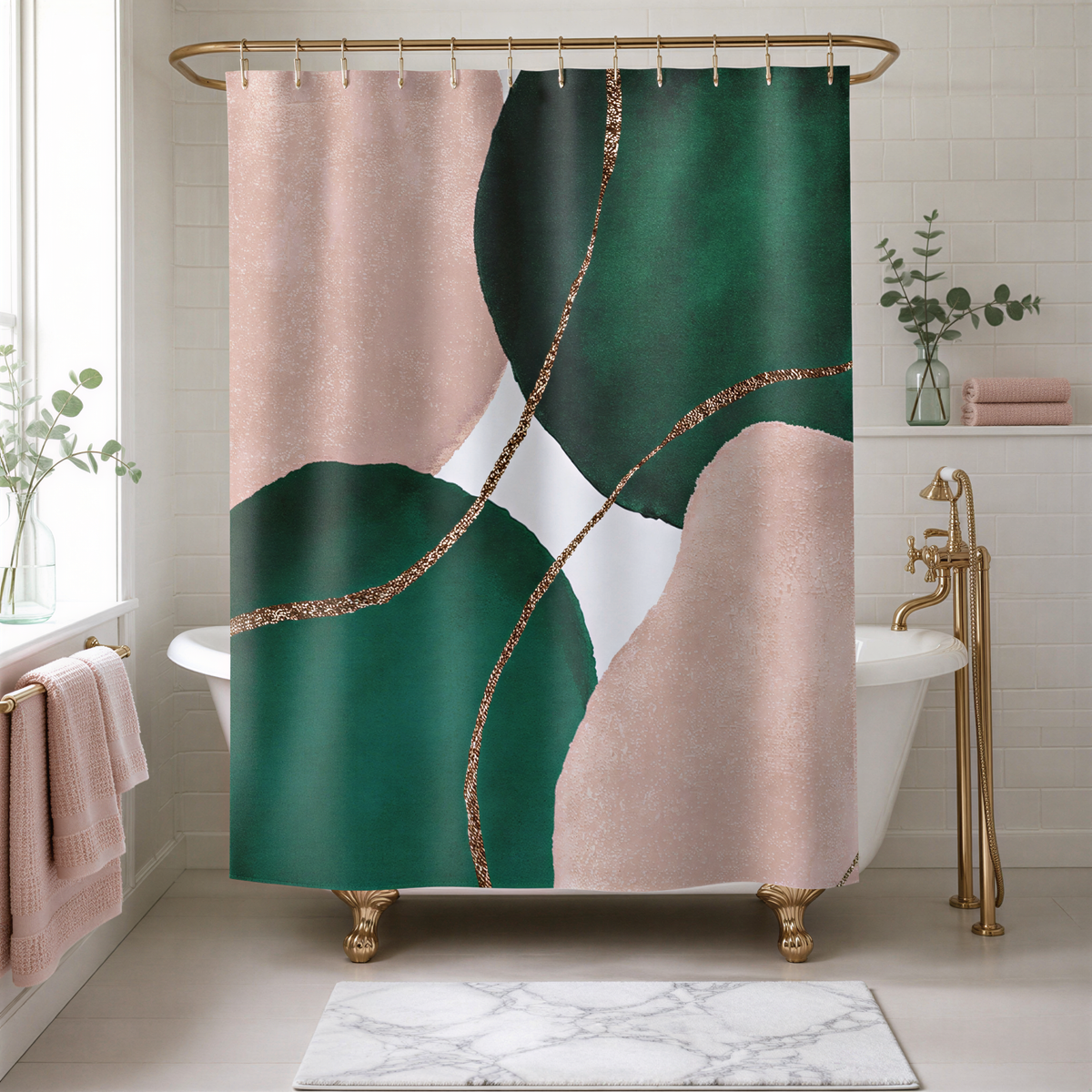 a bathroom with a white bathtub, a shower curtain with a green and pink abstract design, and a marble floor.