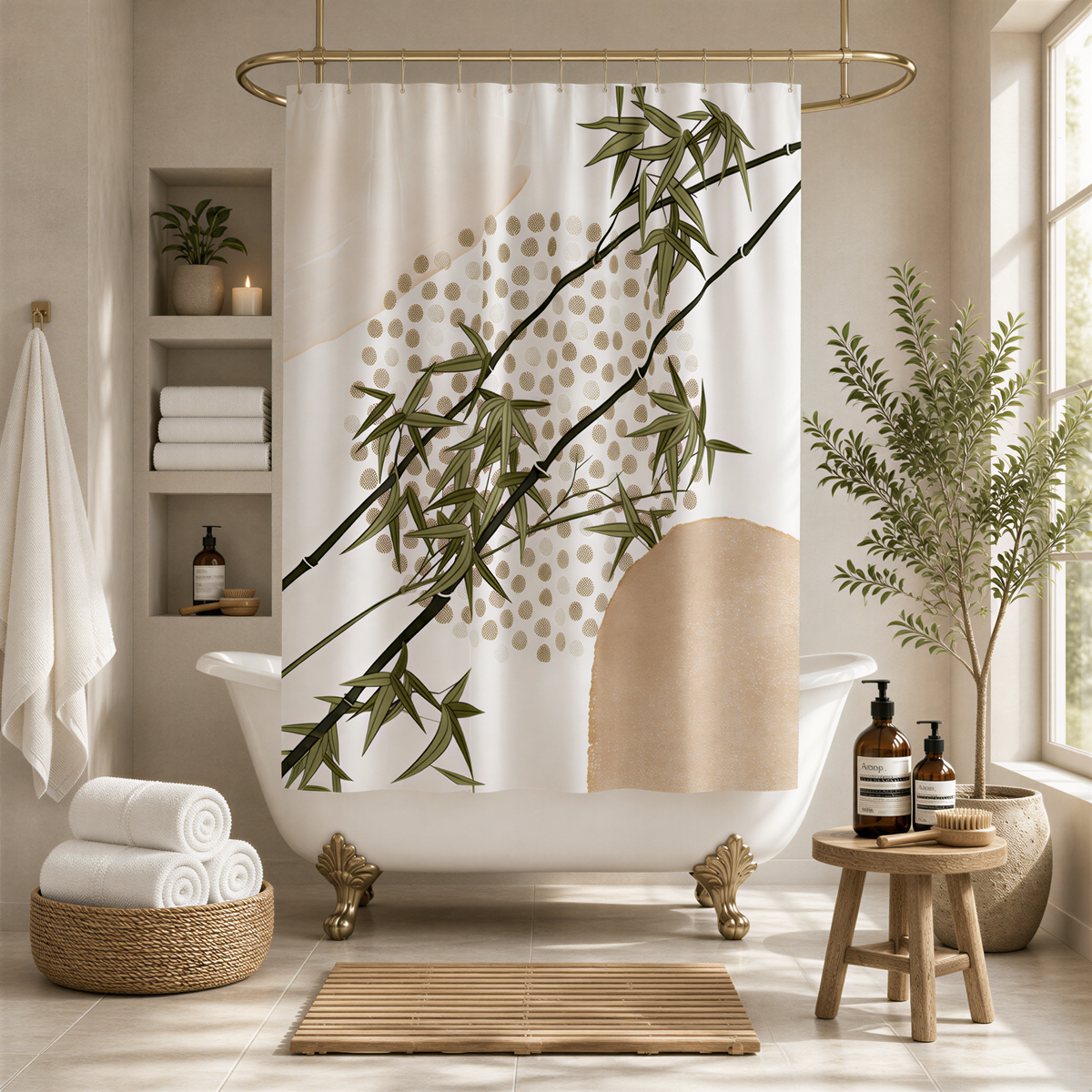 A modern and serene bathroom with a clawfoot bathtub, a shower curtain featuring a bamboo design, and various decorative elements such as potted plants and a wooden stool.