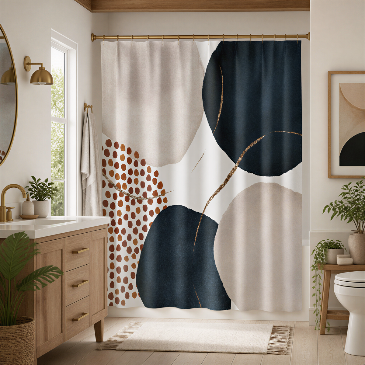 a modern bathroom with a large abstract shower curtain featuring a mix of white, black, and orange circles. The bathroom is well-decorated with potted plants, a sink, and a toilet.
