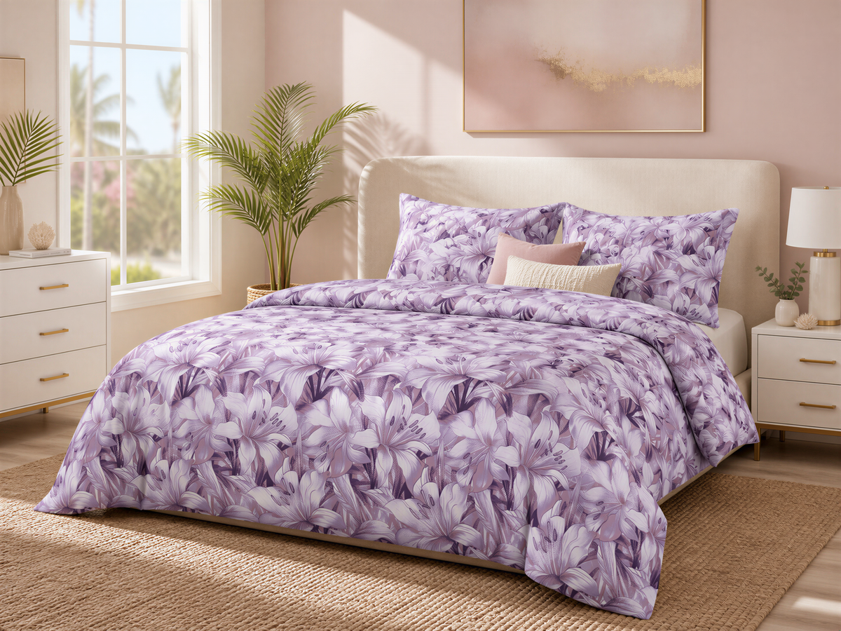 a bedroom with a large bed covered in a purple floral comforter. The bed is positioned against a wall with a window, and there are two nightstands on either side of the bed. The room has a neutral color scheme with a pink wall and a beige carpet.