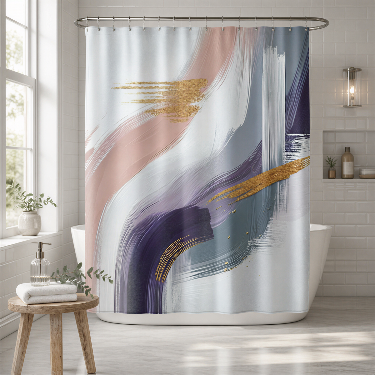 a bathroom with a large abstract shower curtain featuring a colorful, brush-like design in shades of pink, blue, and white. The shower curtain is hanging from a rod, and there is a small wooden table and a white bathtub visible in the background.