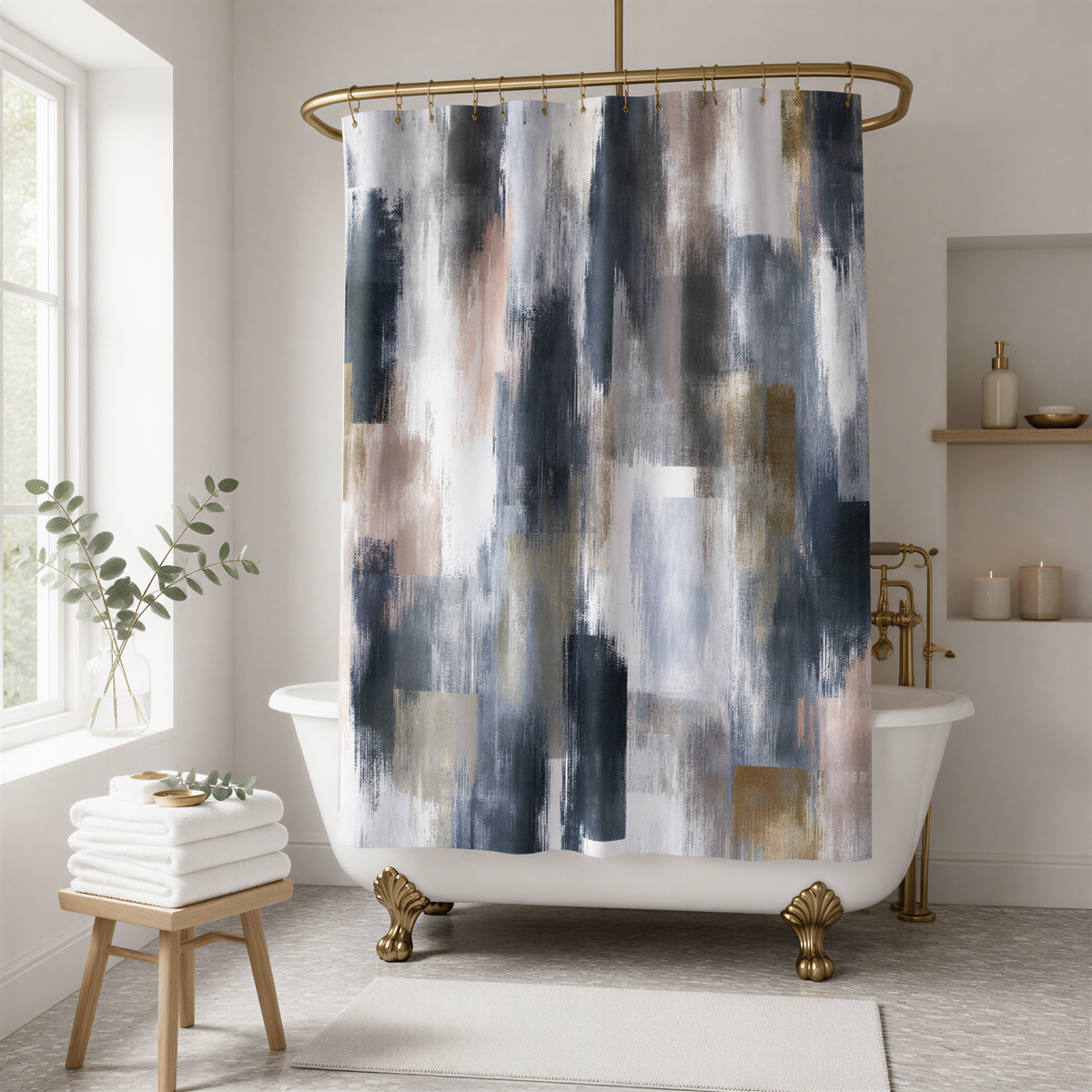 a bathroom with a white clawfoot bathtub, a shower curtain with a colorful abstract painting, and a wooden stool.