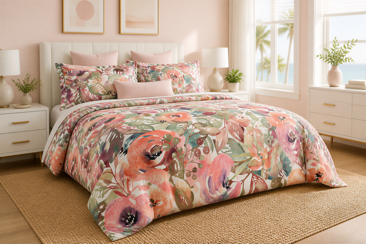 a bedroom with a large floral bedspread, white headboard, and matching nightstands with lamps. The room has a window overlooking a beach, and the overall color scheme is a soft pink and green.