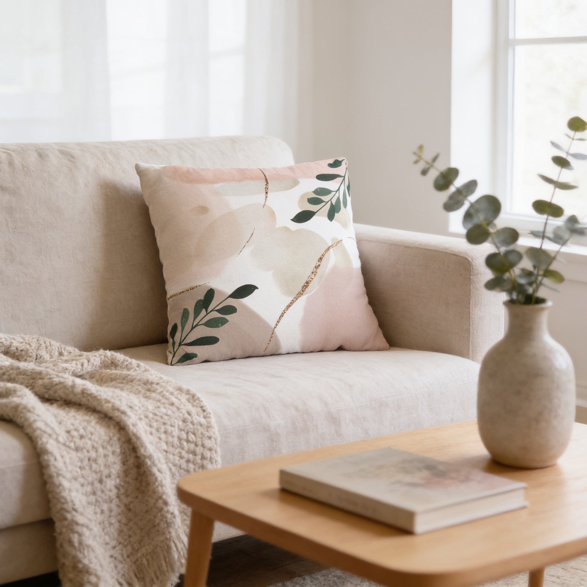 a cozy living room with a beige sofa, a wooden coffee table, and a decorative pillow with a leaf pattern. A vase with greenery is placed on the coffee table, and a book is also visible on the table.