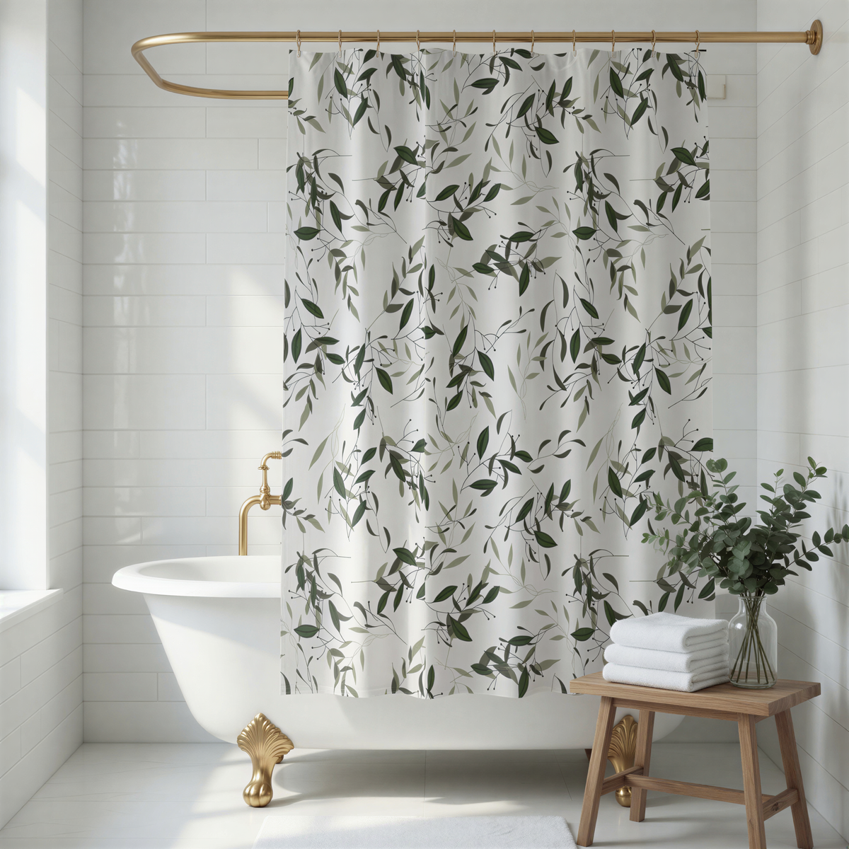 a bathroom with a white freestanding bathtub, a shower curtain with a leaf pattern, a wooden stool, and a vase of greenery.