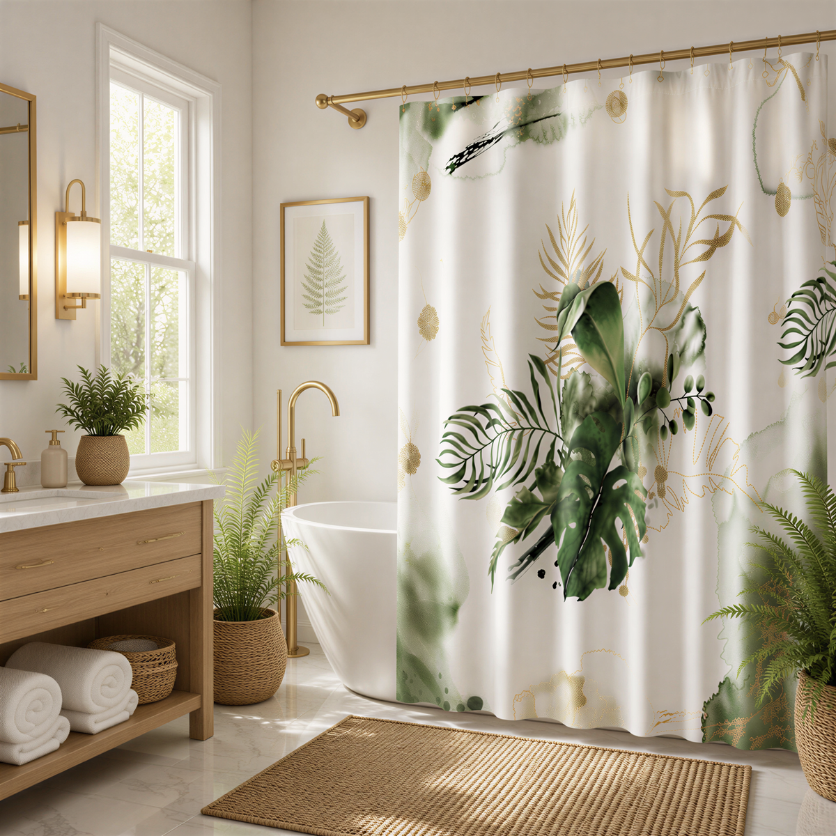 a well-decorated bathroom with a large window, a white bathtub, and a shower curtain featuring a tropical plant design.