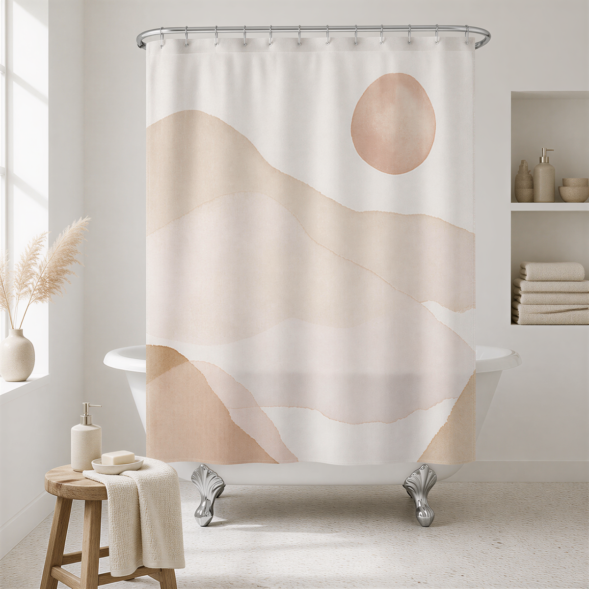 a bathroom with a white bathtub, a shower curtain featuring a mountain landscape design, and a wooden stool.