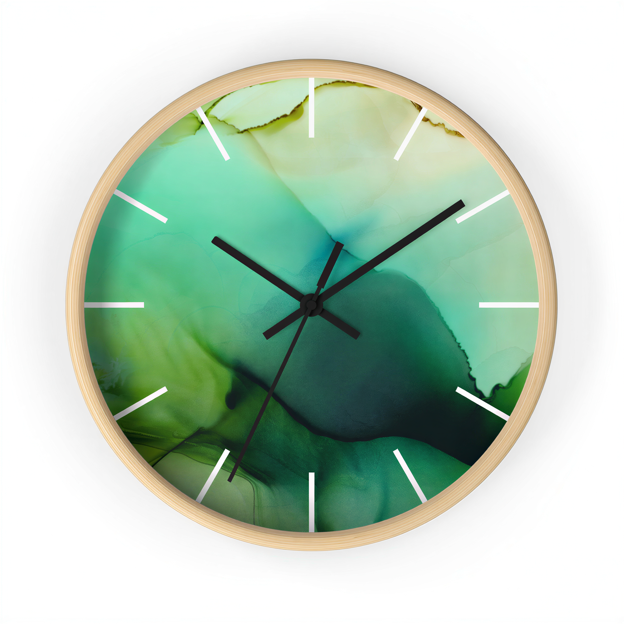 Wood Wall Clock Green Ombre mounted in a hallway