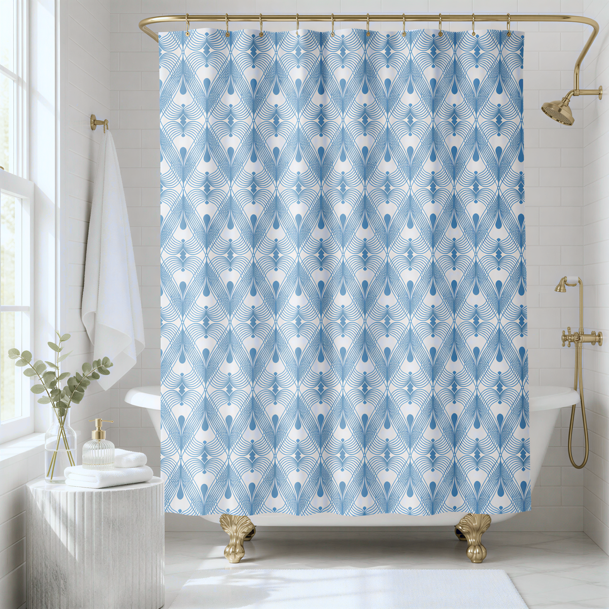 a bathroom with a white bathtub, a shower curtain with a blue and white geometric pattern, and a white towel rack.
