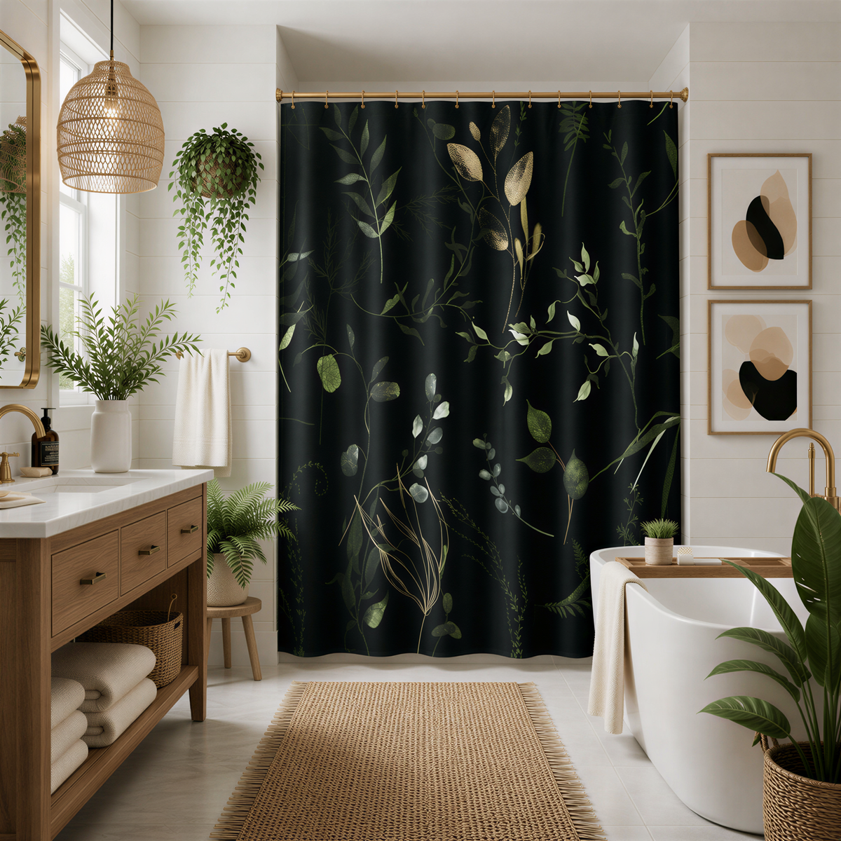 a modern and stylish bathroom with a large black curtain featuring a lush green plant design. The bathroom is well-decorated with various plants, a wooden vanity, and a large window.