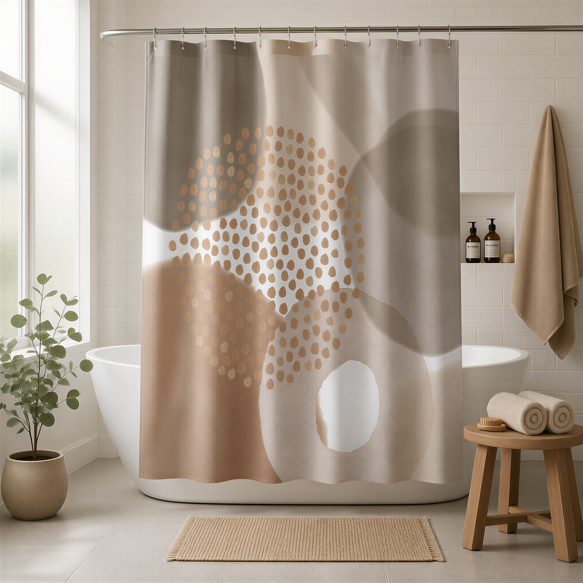 a bathroom with a shower curtain featuring a geometric design in shades of brown and beige. The shower curtain is hanging from a rod, and there are bottles of shampoo and conditioner placed on the edge of the bathtub. A potted plant is located next to the bathtub, and a wooden stool is positioned nearby.
