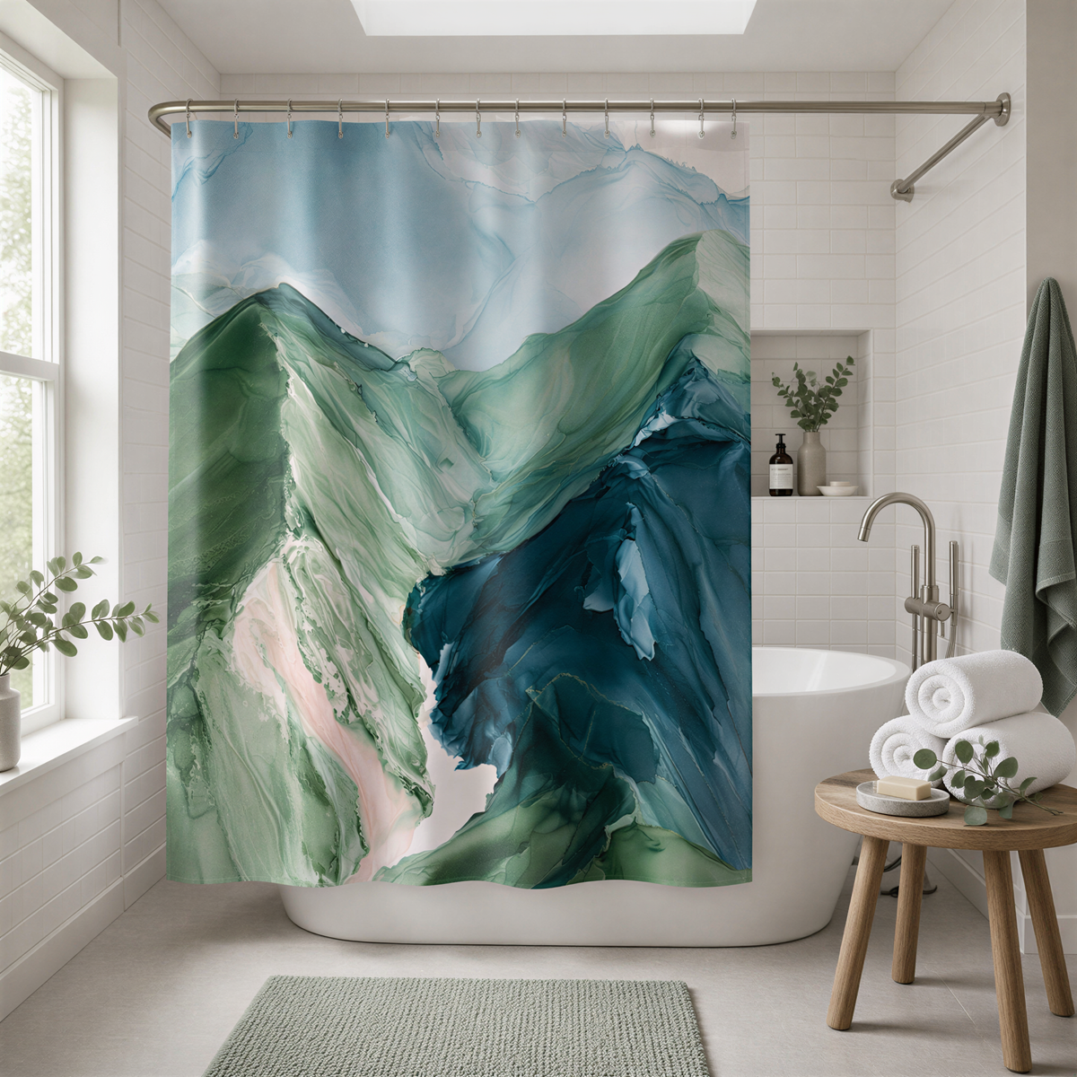 a bathroom with a large green and blue abstract painting hanging on the wall above a white bathtub. The painting features swirling patterns of green and blue, creating a serene and nature-inspired atmosphere. The bathroom also includes a wooden stool, a small table with a plant, and a shower curtain with a mountain landscape design.