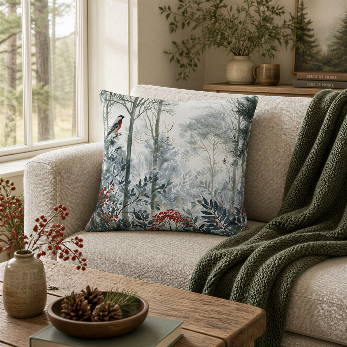 a cozy living room with a large window overlooking a forest. The room is decorated with a green blanket, a wooden coffee table, and a decorative bowl filled with pine cones. The centerpiece of the room is a large pillow with a forest scene design, adding a touch of nature to the space.