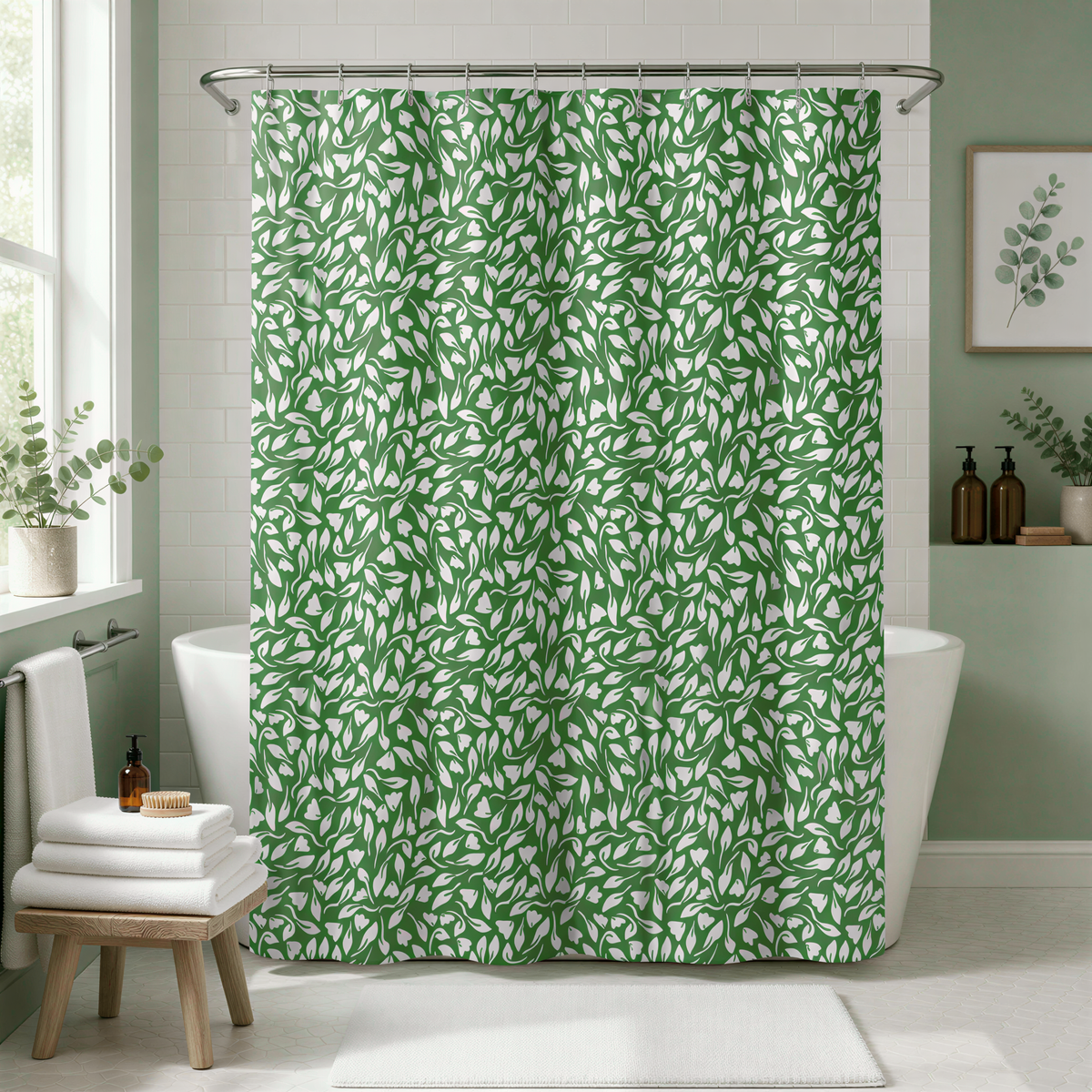a bathroom with a green and white leafy patterned shower curtain, a white bathtub, and a wooden chair.