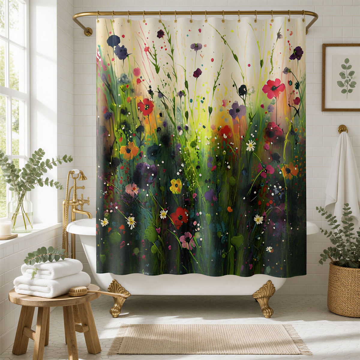 a bathroom with a white bathtub, a colorful floral shower curtain, and various decorative elements such as potted plants and a wooden stool.