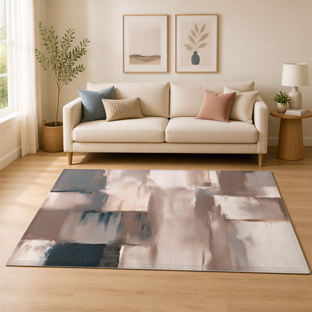 a cozy living room with a beige sofa, a large abstract rug, and two framed artworks on the wall.