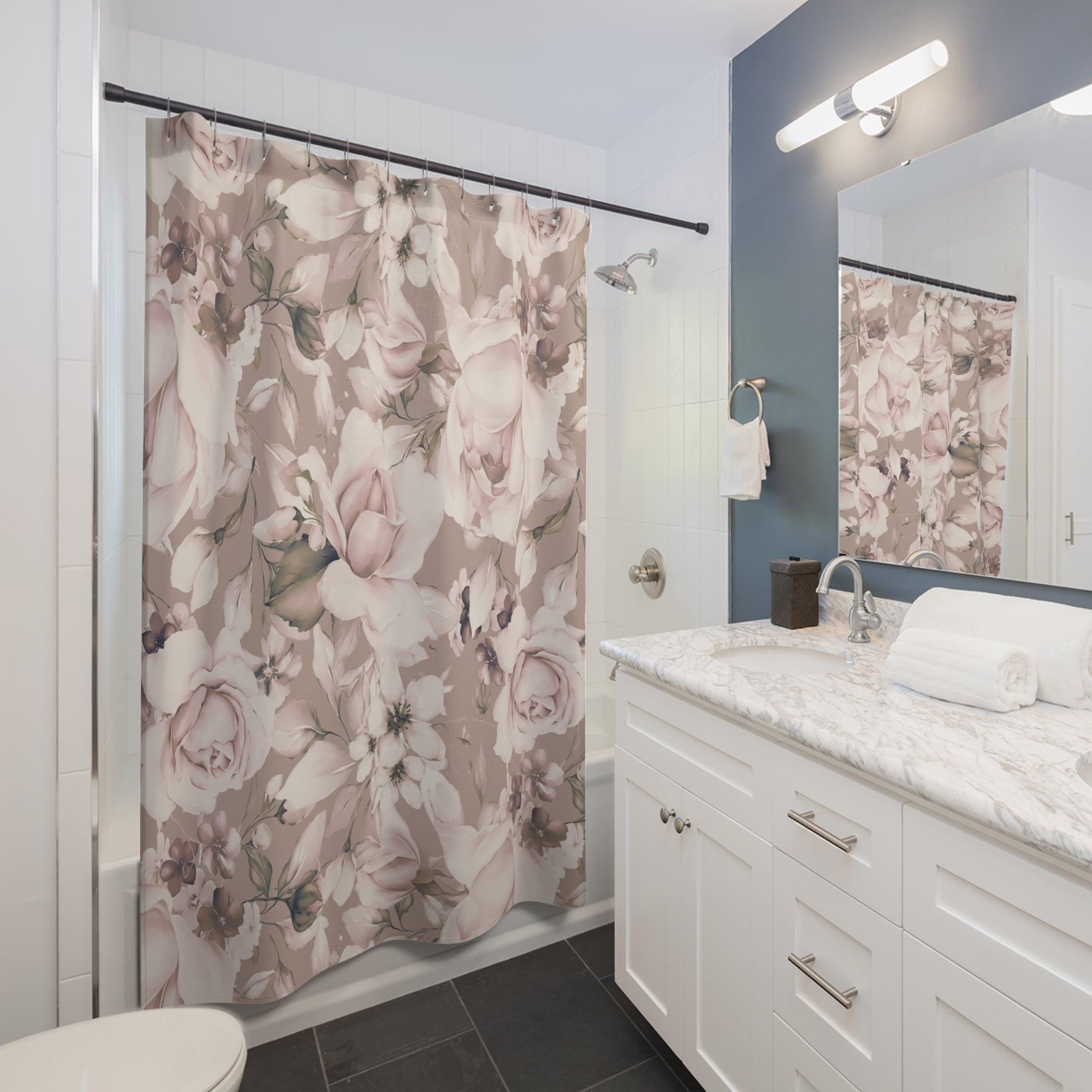 Dusty Rose Floral Shower Curtain | Romantic Shabby Chic Neutral Bathroom Decor