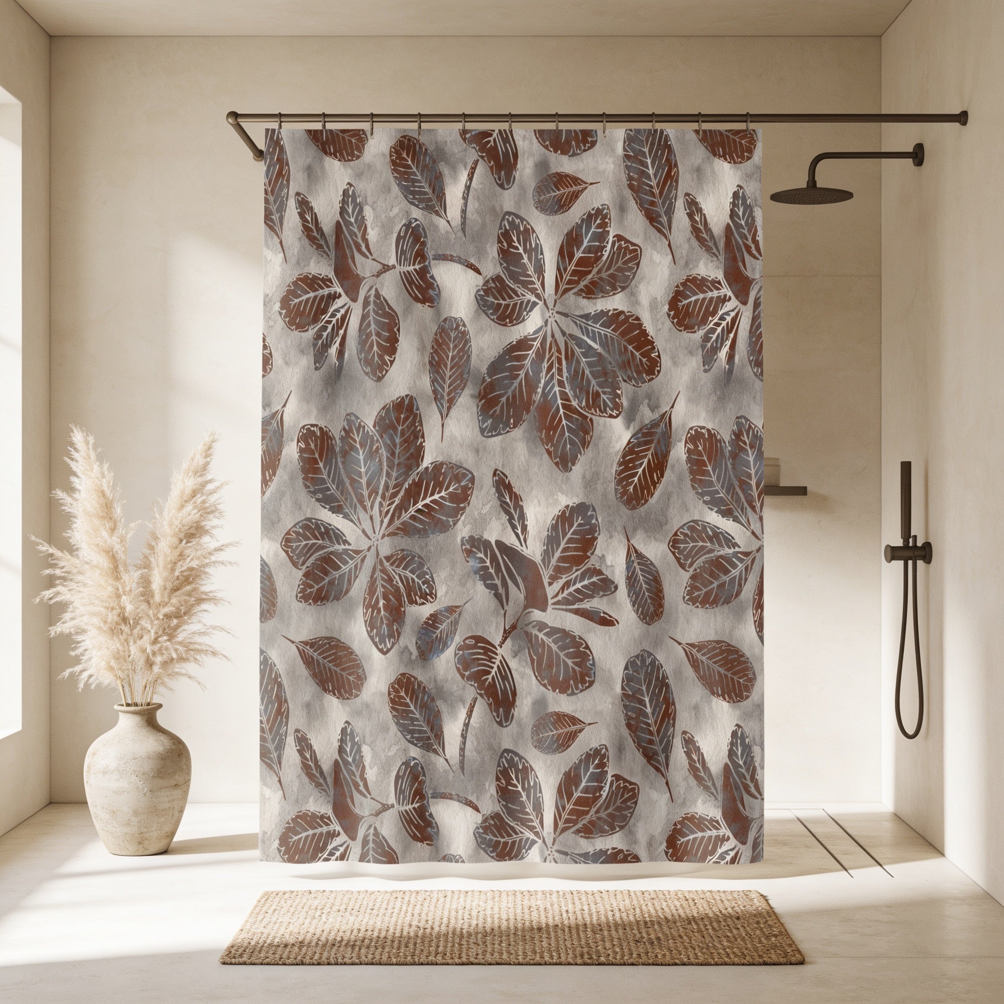a shower curtain with a leaf pattern, a vase of white flowers, and a rug on a white floor.