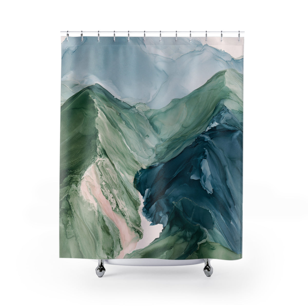 a vibrant abstract painting of mountains, with a mix of green, blue, and pink colors. The painting is displayed on a metal stand, showcasing the artwork in a professional manner.