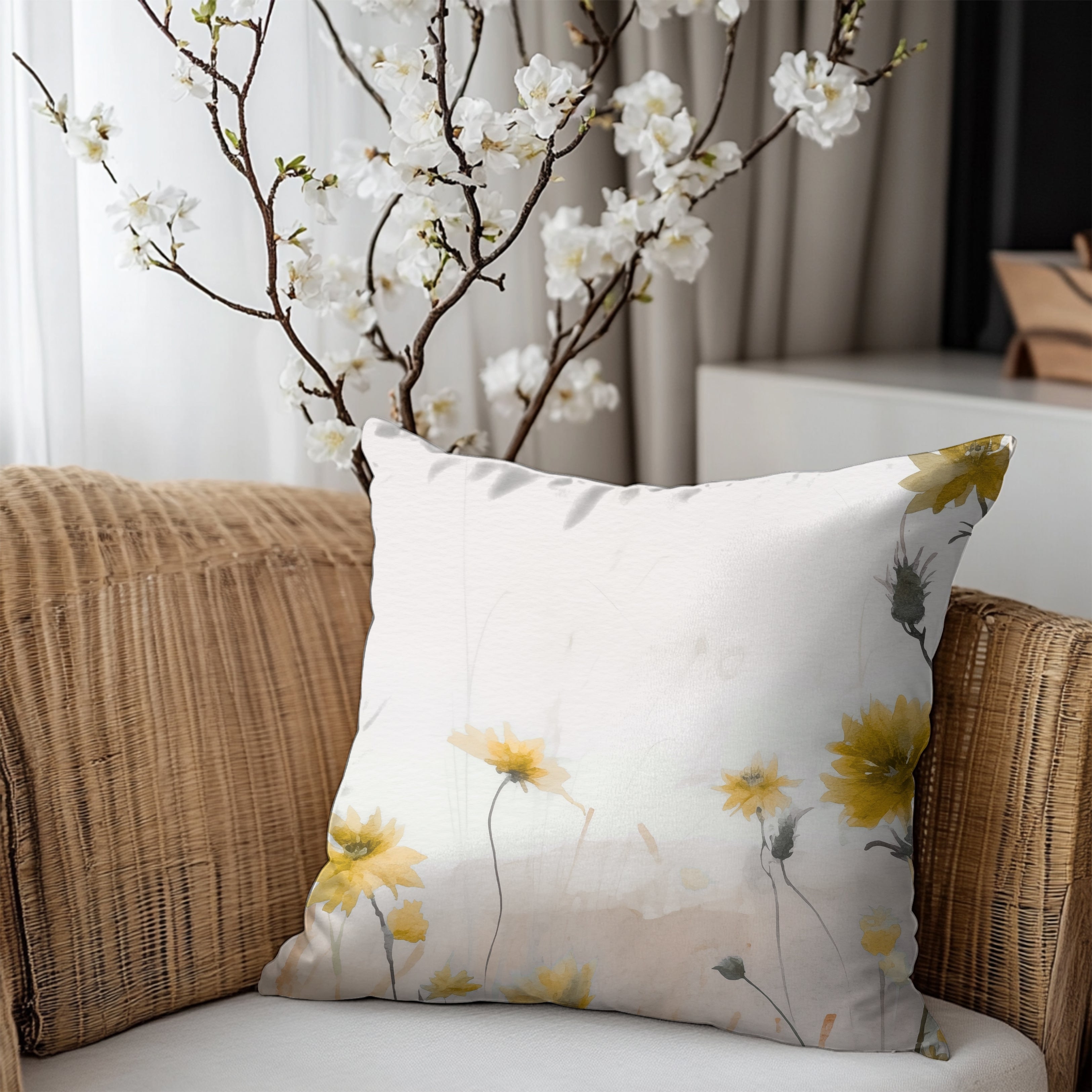 Floral Pillow Cover | Meadow Yellow Wildflowers Beige