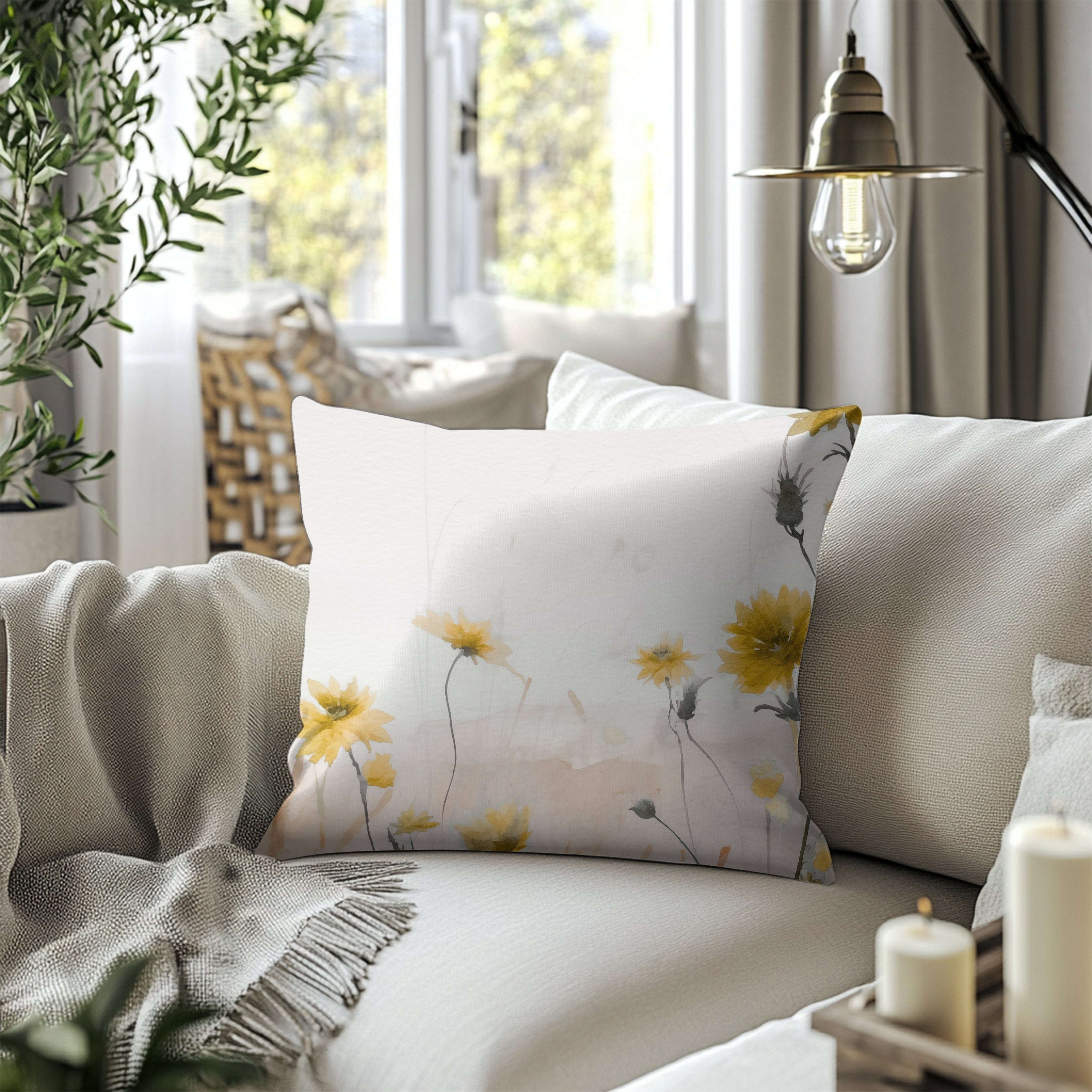 Floral Pillow Cover | Meadow Yellow Wildflowers Beige