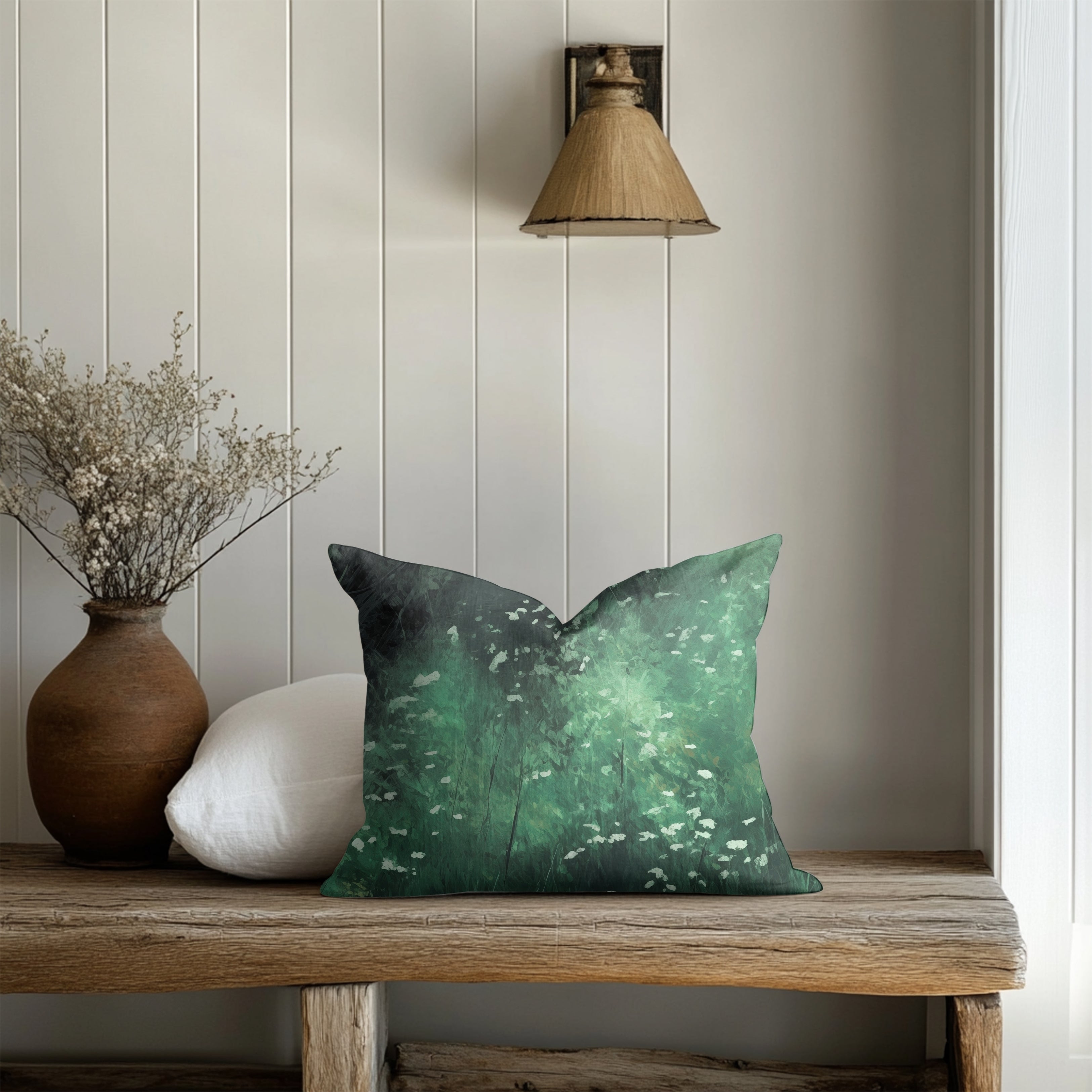 Green Floral Pillow Cover | Meadow Emerald Wildflowers