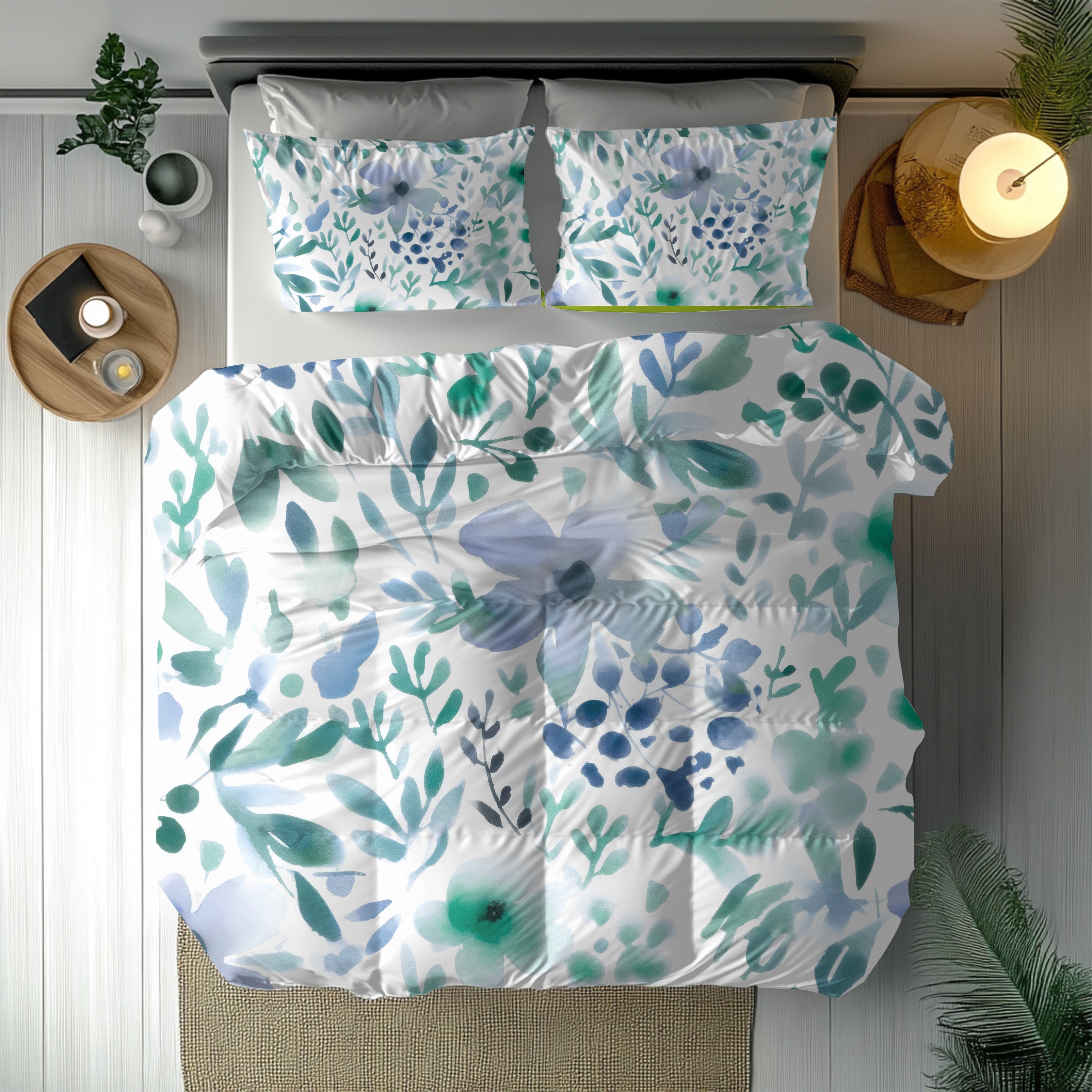 Abstract Duvet, Pillow Cover | Floral, Teal Green Blue White Bedroom Decor