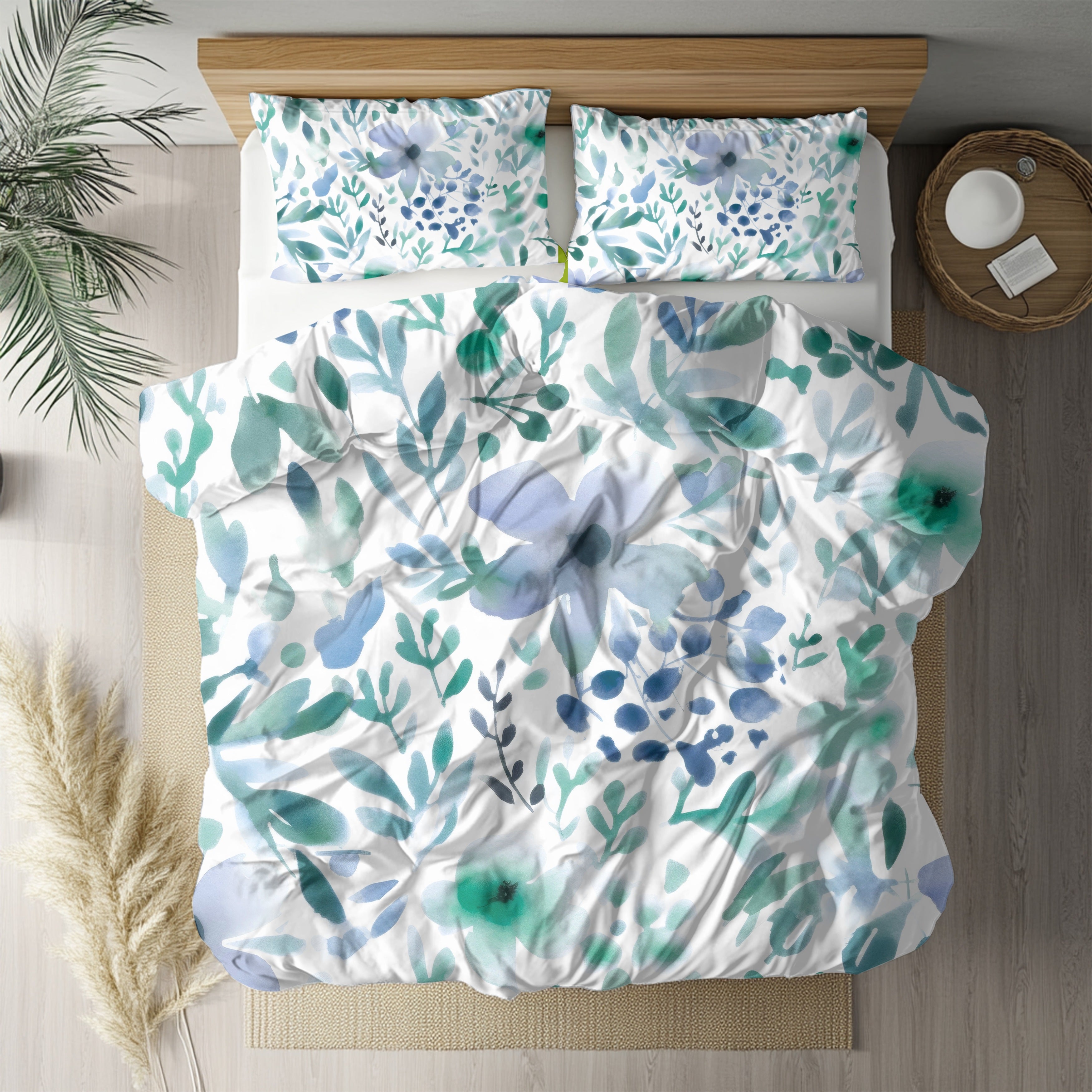 Abstract Duvet, Pillow Cover | Floral, Teal Green Blue White Bedroom Decor