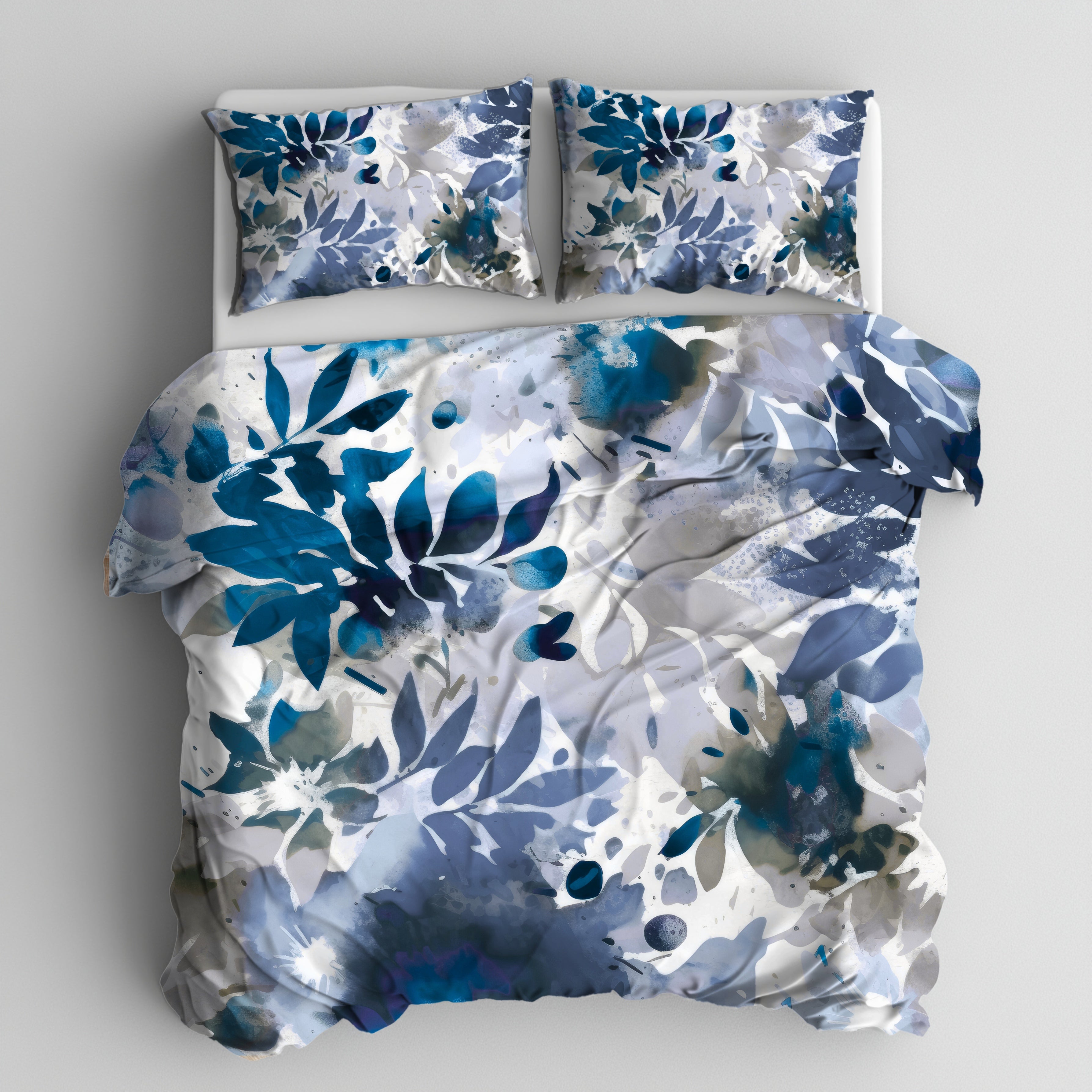 Floral Duvet, Pillow Cover | Brown Blue White Leaves Bedroom Decor