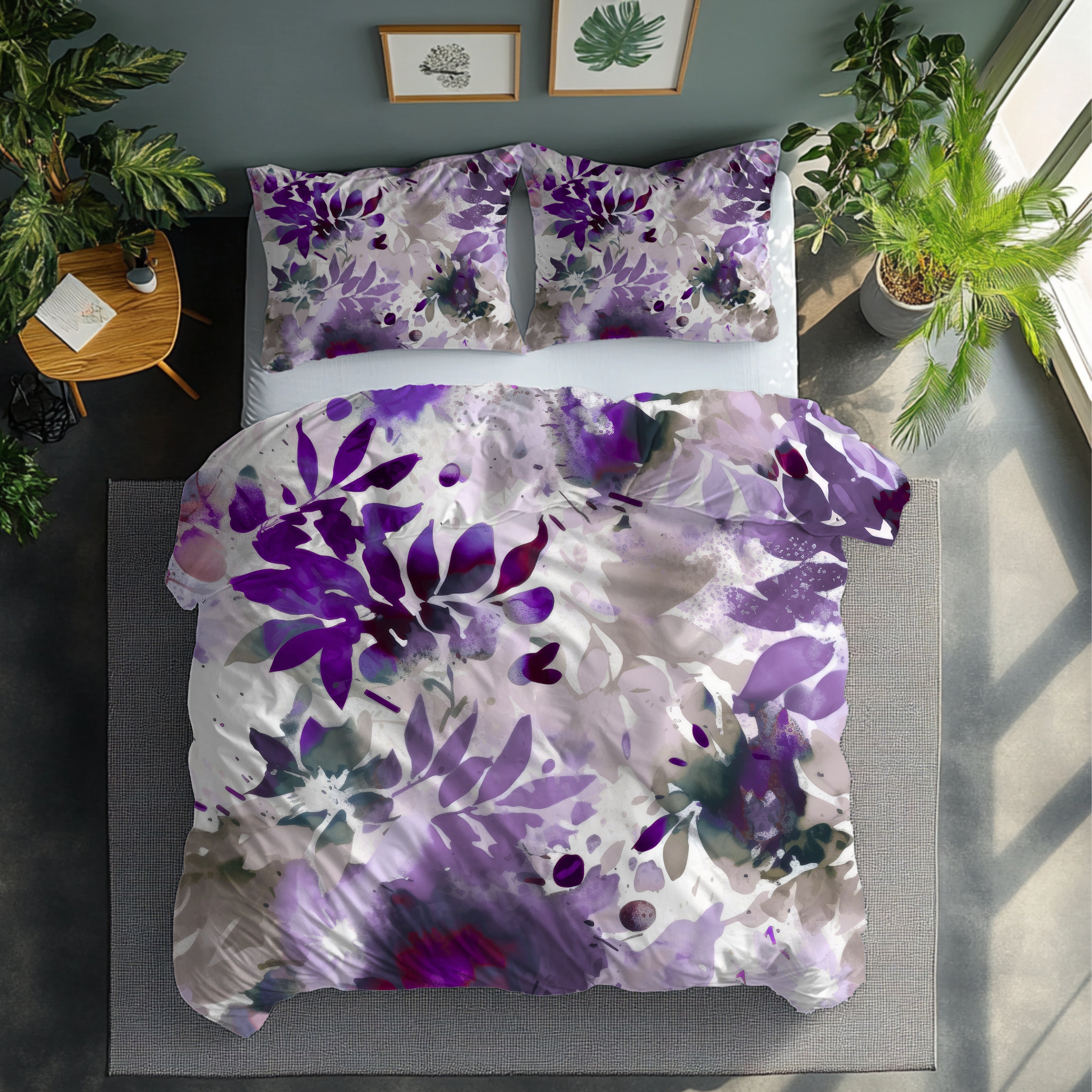 Floral Duvet, Pillow Cover | Purple Beige White Leaves Bedroom Decor
