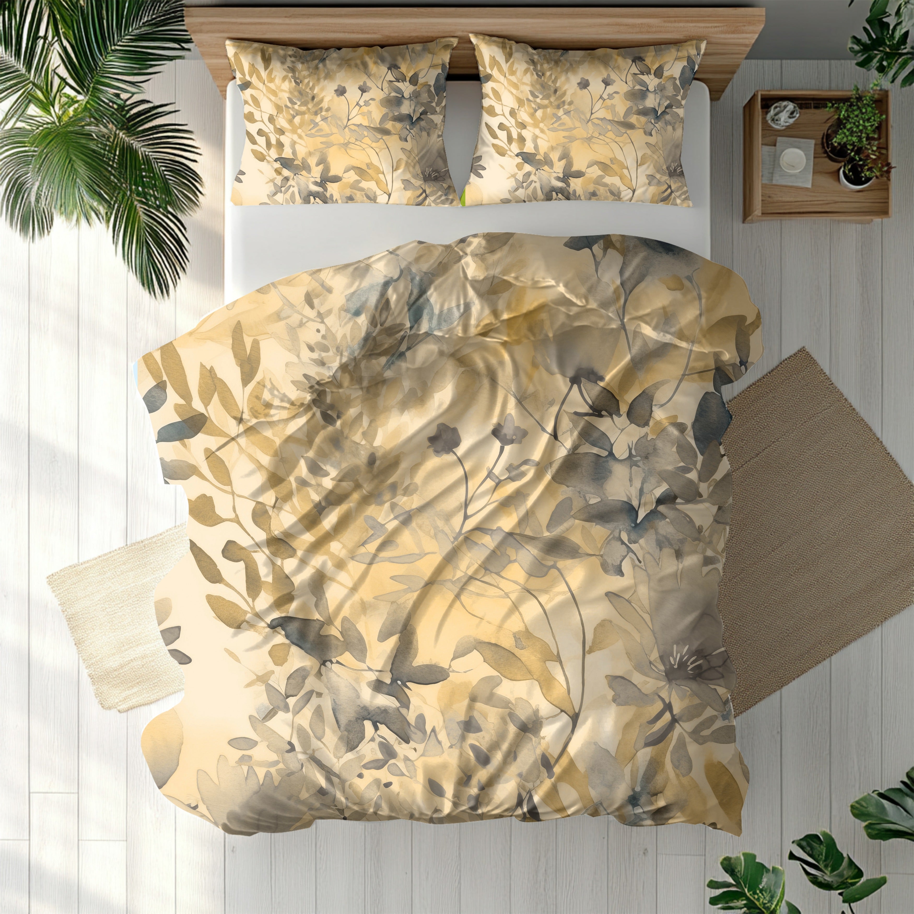 Floral Duvet, Pillow Cover | Beige Grey Leaves Bedroom Decor