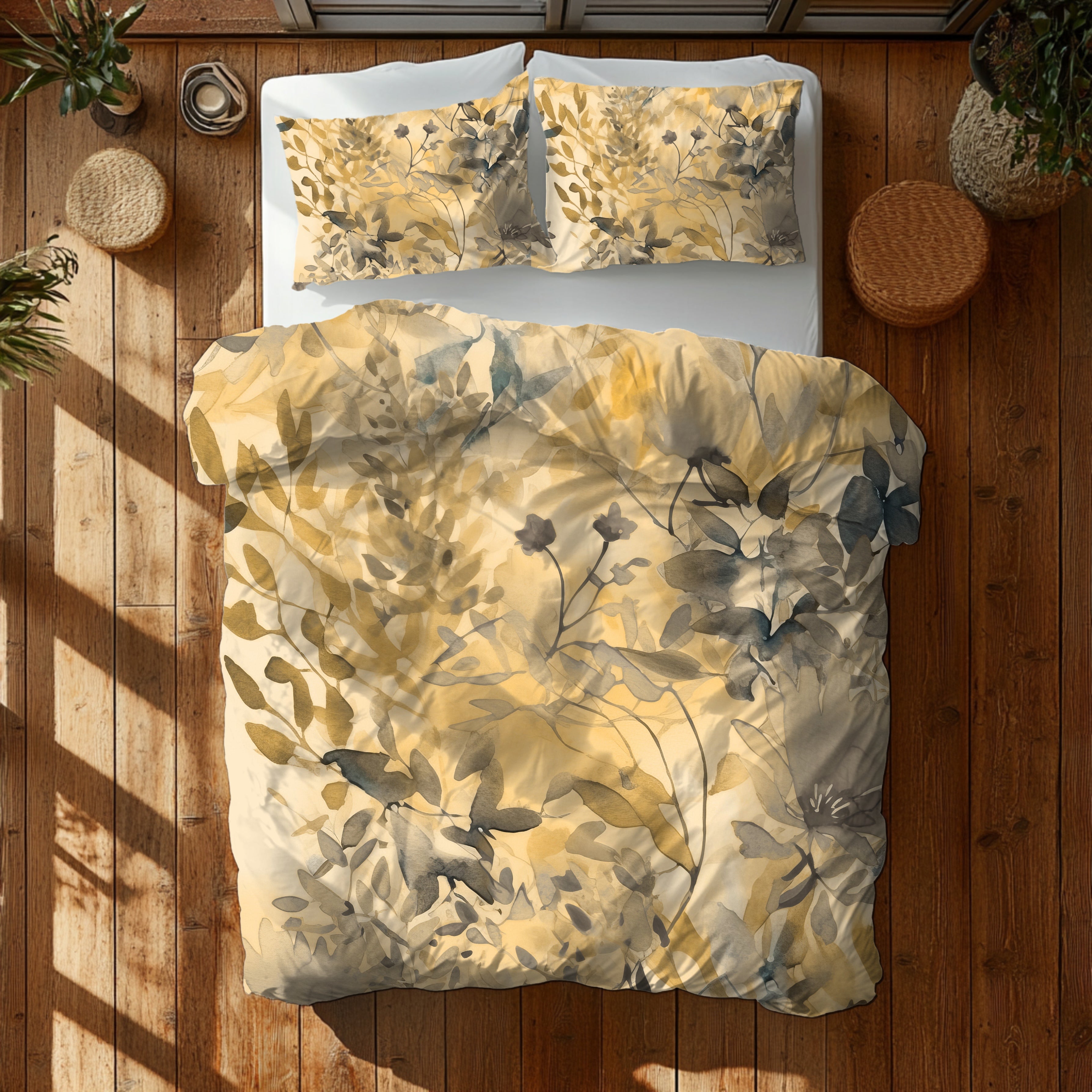 Floral Duvet, Pillow Cover | Beige Grey Leaves Bedroom Decor