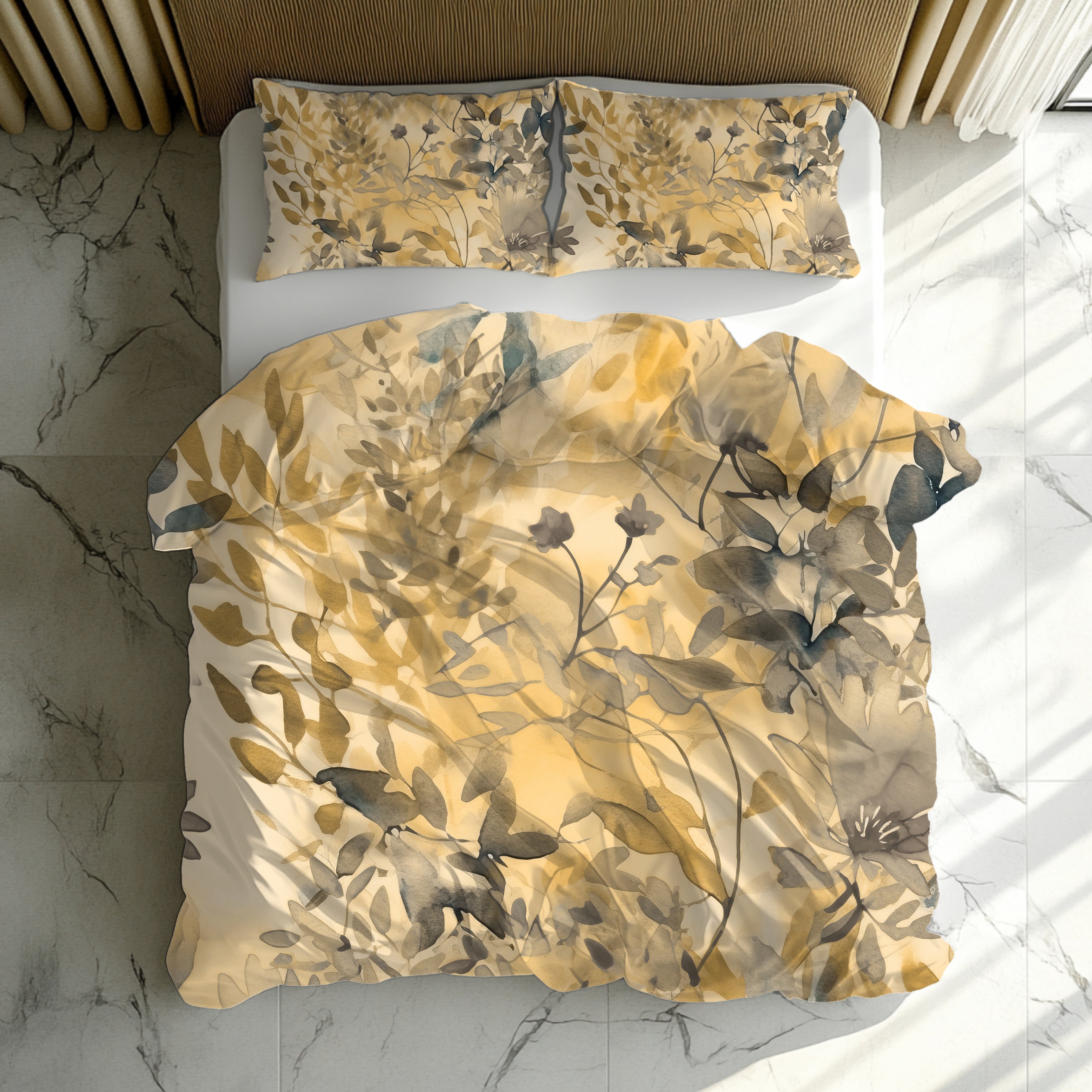 Floral Duvet, Pillow Cover | Beige Grey Leaves Bedroom Decor