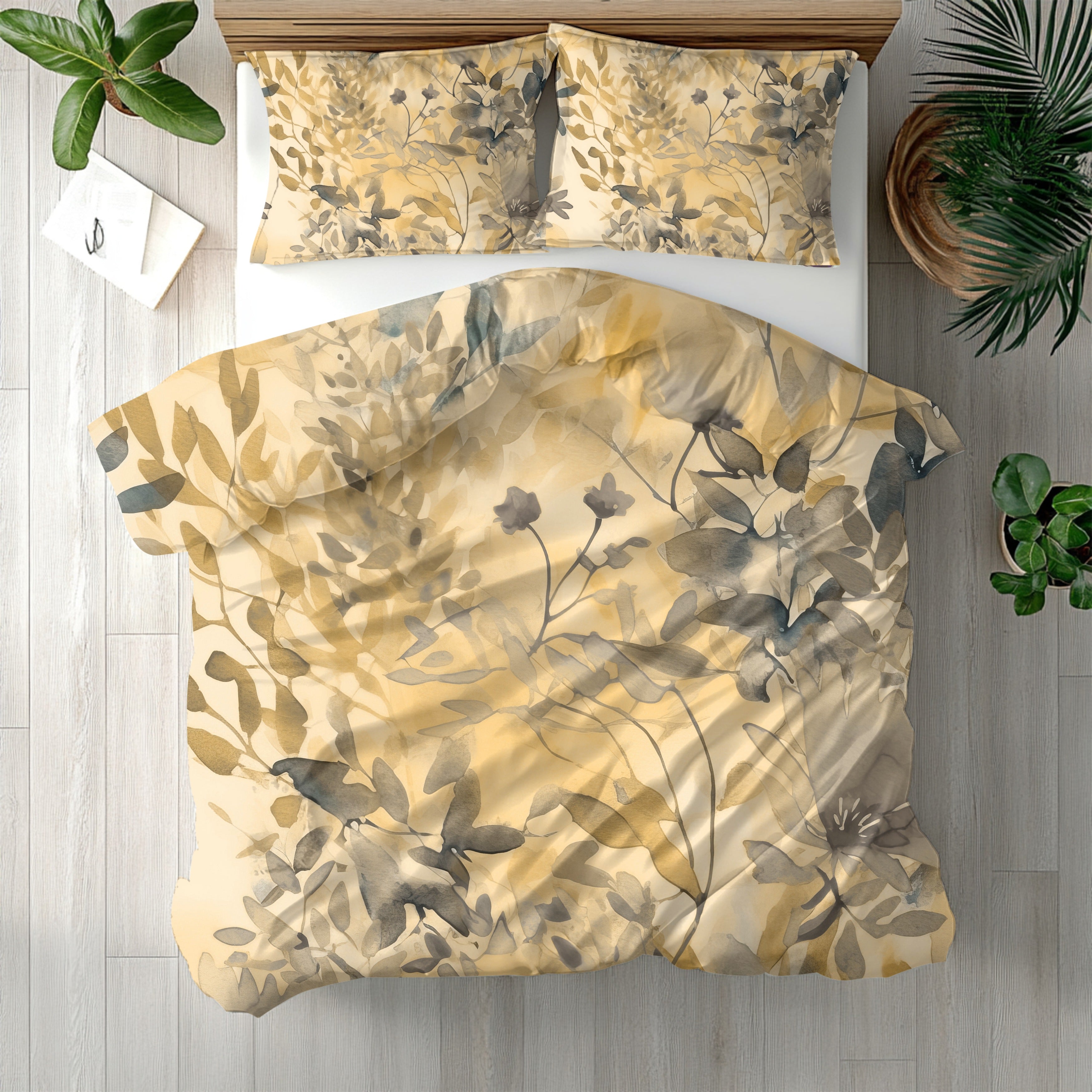 Floral Duvet, Pillow Cover | Beige Grey Leaves Bedroom Decor