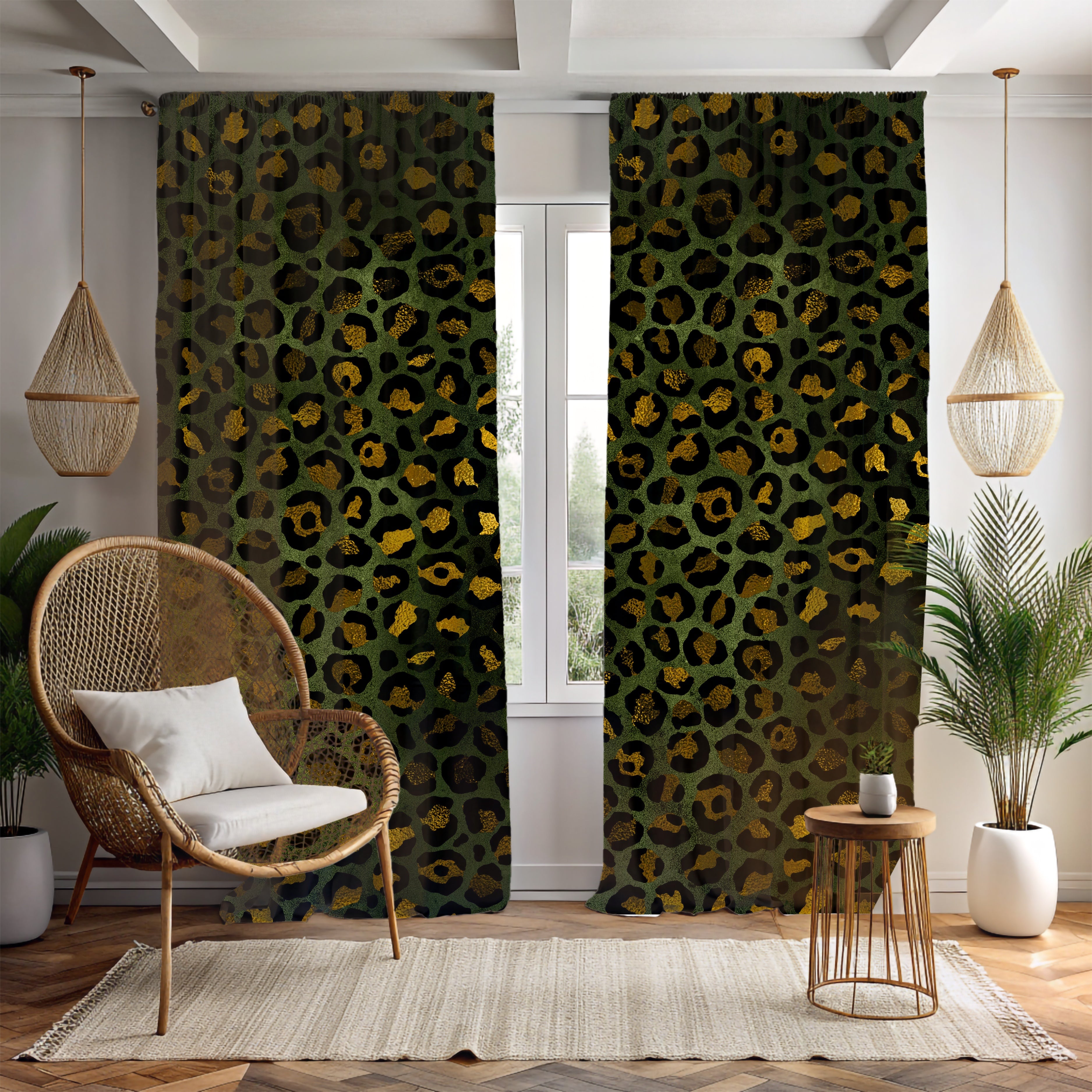 Green Window Curtains | Leopard Skin Print Watercolor, 50 X 84 Inches, Bedroom, Living Room Kitchen Blackout, Sheer