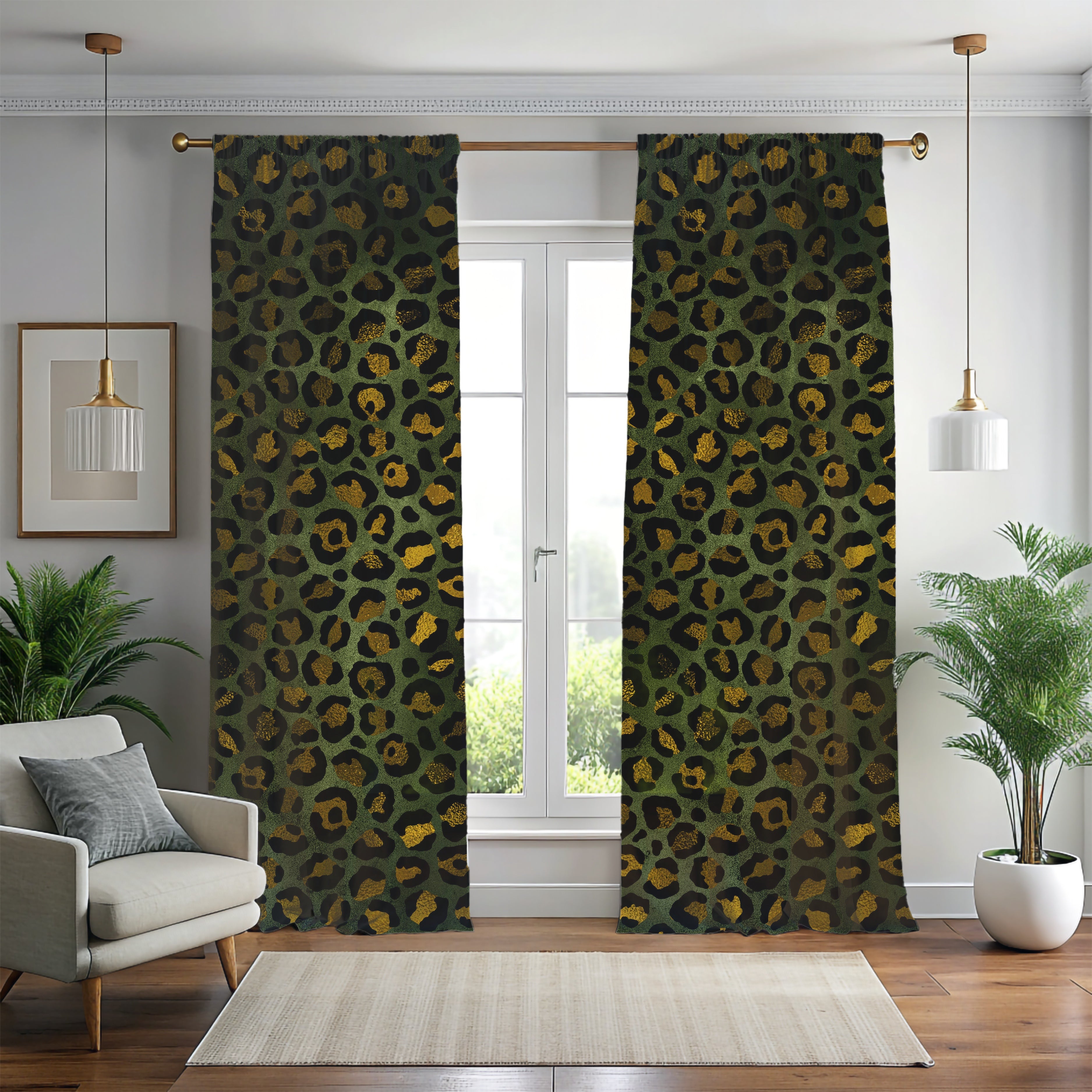 Green Window Curtains | Leopard Skin Print Watercolor, 50 X 84 Inches, Bedroom, Living Room Kitchen Blackout, Sheer