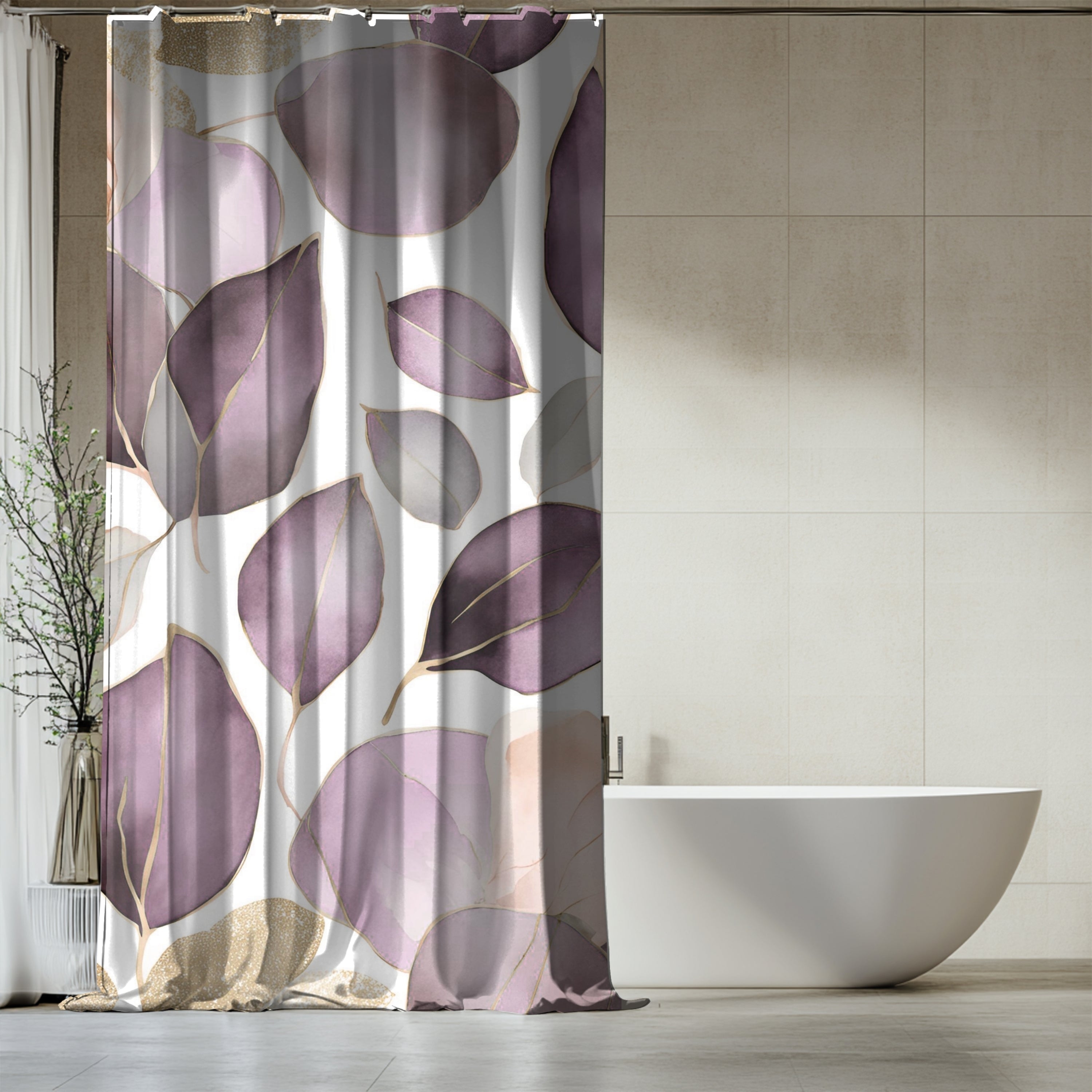 Abstract Shower Curtain | Floral Lavender Purple White Leaves