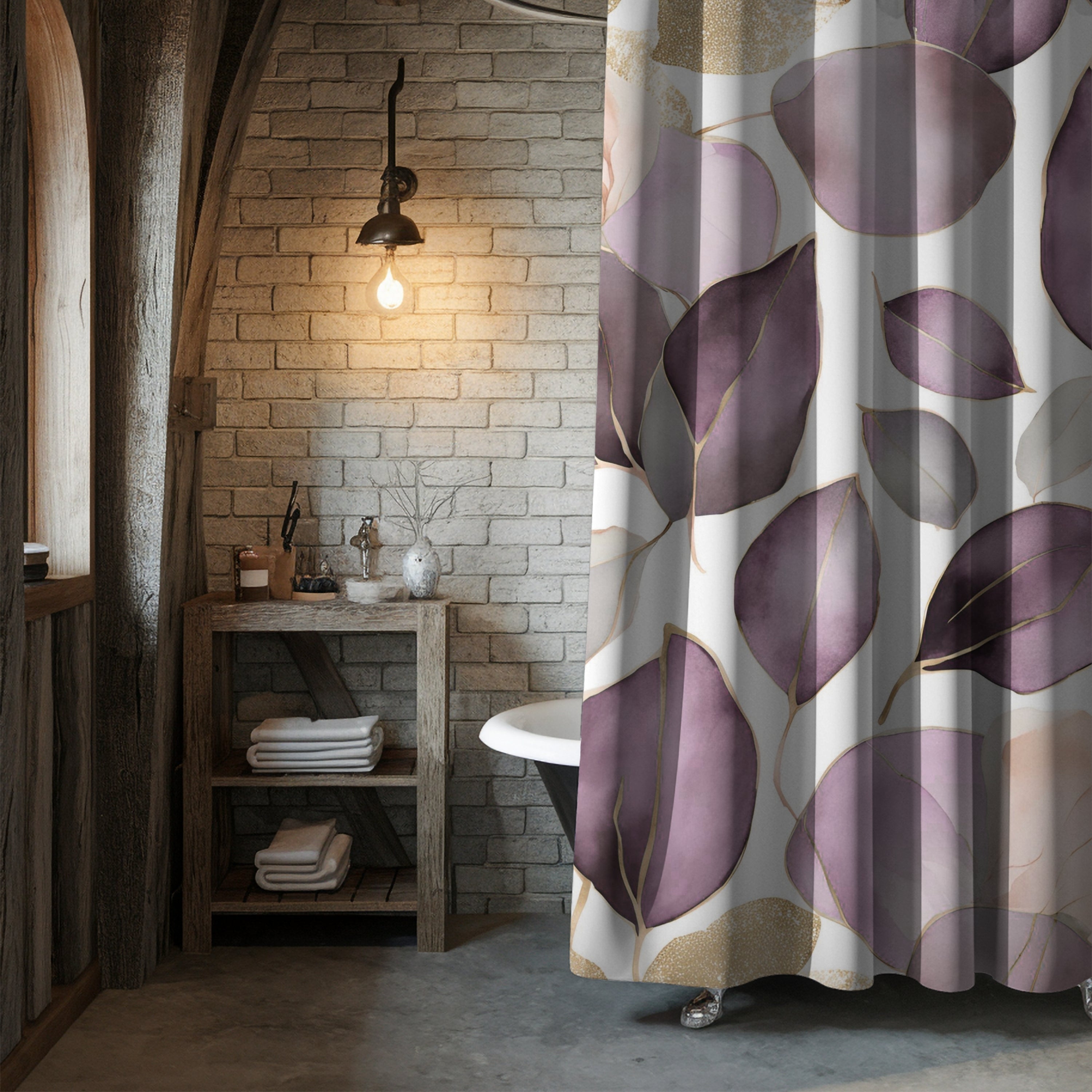 Abstract Shower Curtain | Floral Lavender Purple White Leaves