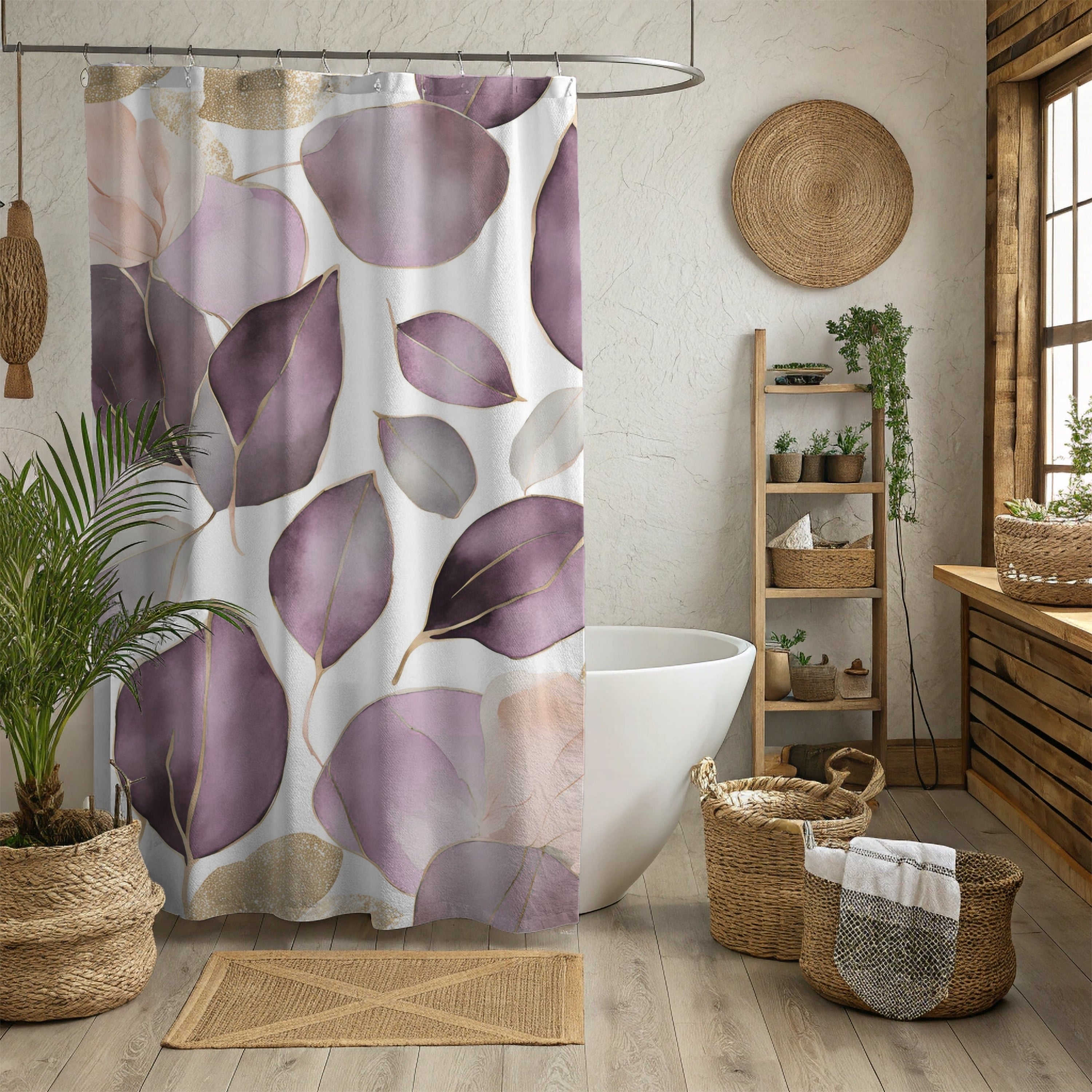 Abstract Shower Curtain | Floral Lavender Purple White Leaves