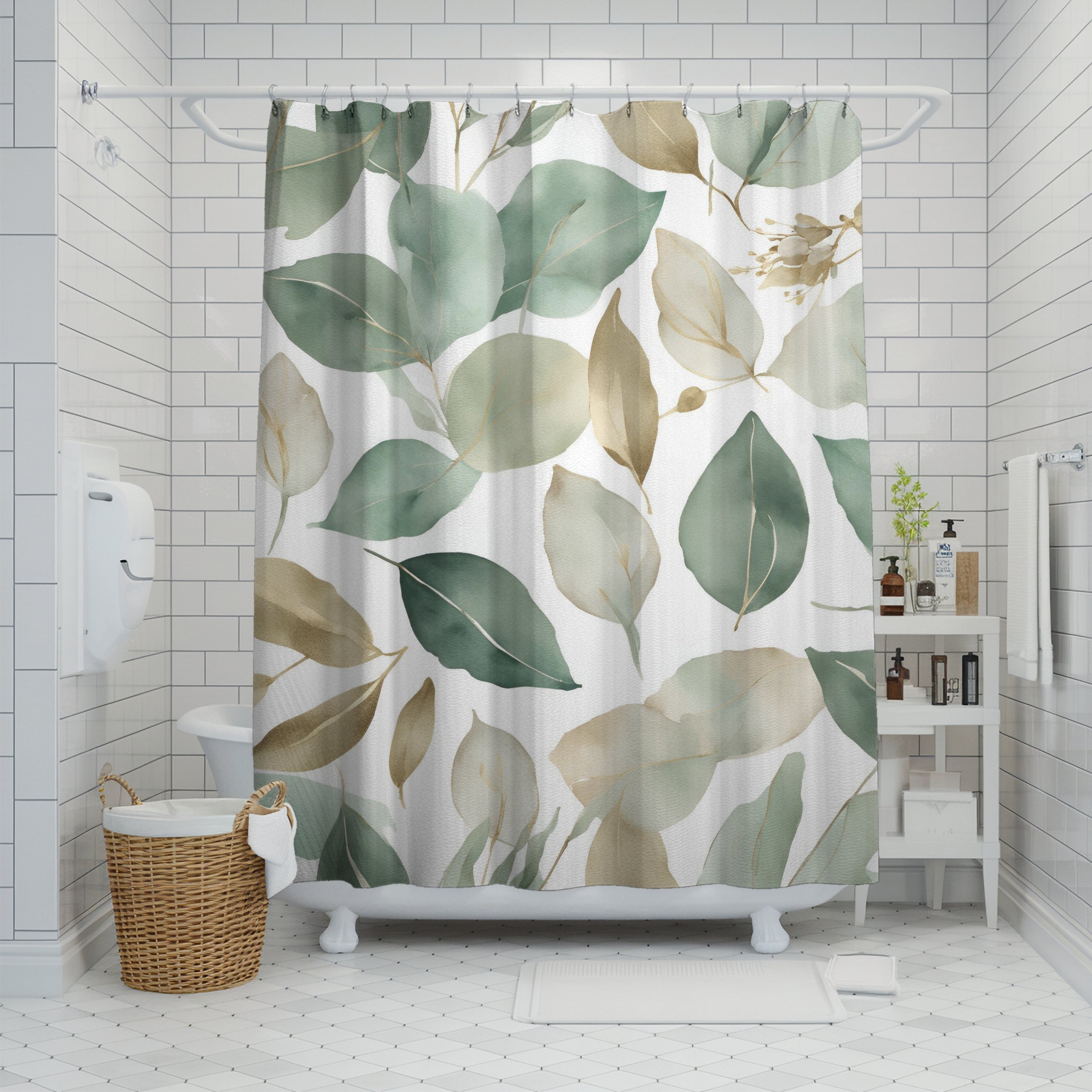 Abstract Shower Curtain | Floral Sage Green White Leaves