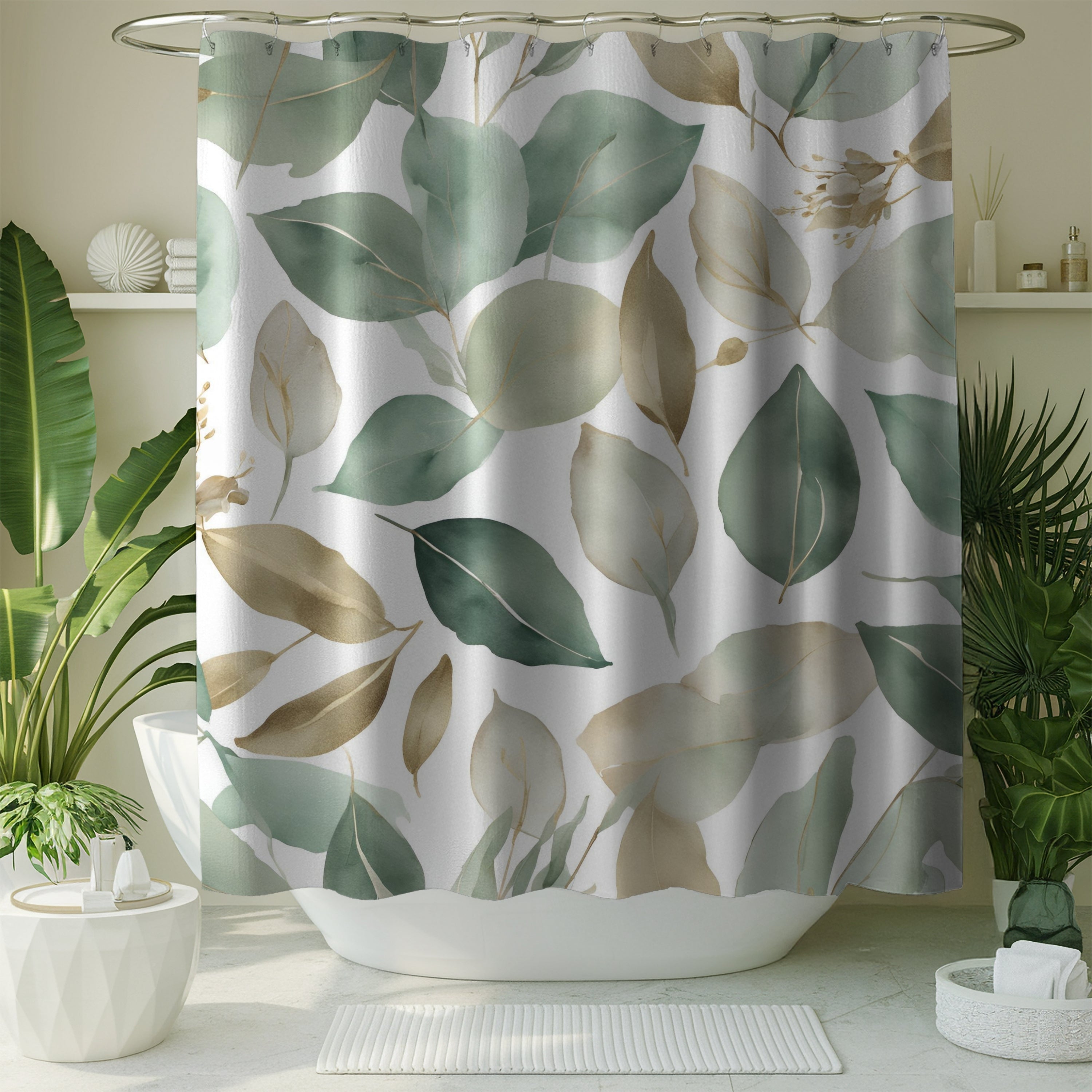 Abstract Shower Curtain | Floral Sage Green White Leaves