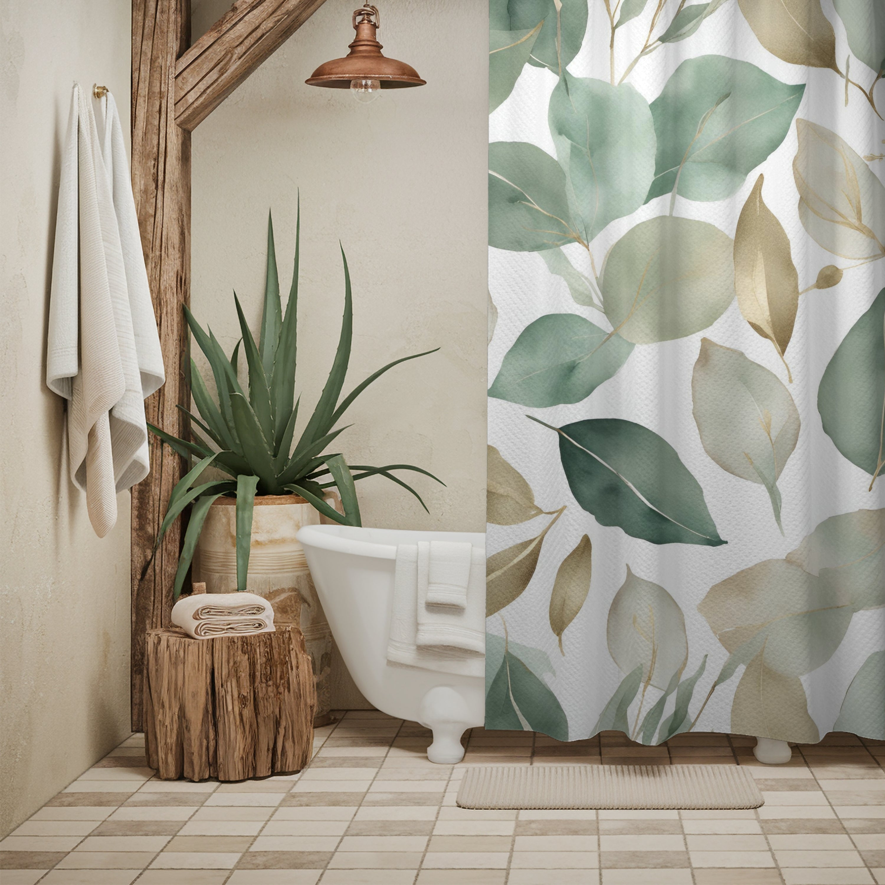 Abstract Shower Curtain | Floral Sage Green White Leaves